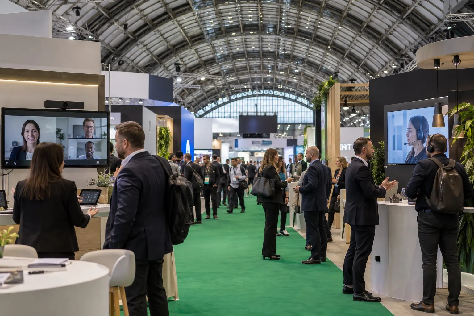 Illustrative unified communications exhibition beneath Manchester Central's arched roof