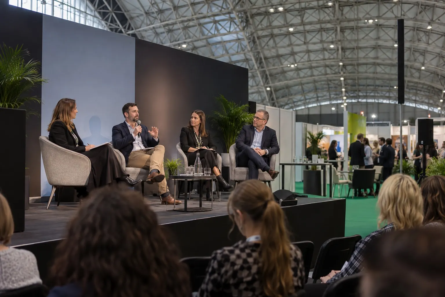 Illustrative workplace communications panel in Manchester Central's exhibition hall