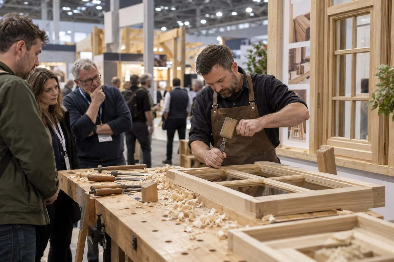 Illustrative joiner demonstrating timber window-frame assembly to trade visitors