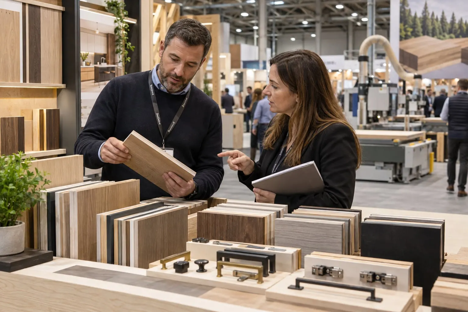 Illustrative woodworking supplier discussion over timber and hardware samples