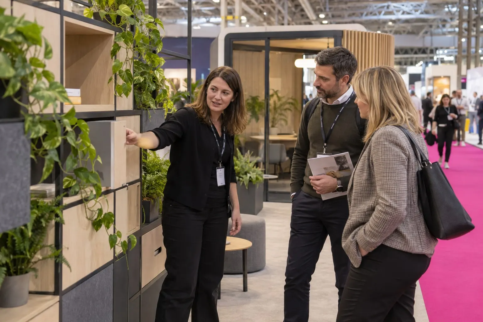 Illustrative workplace-design and facilities discussion beside a modular collaboration display
