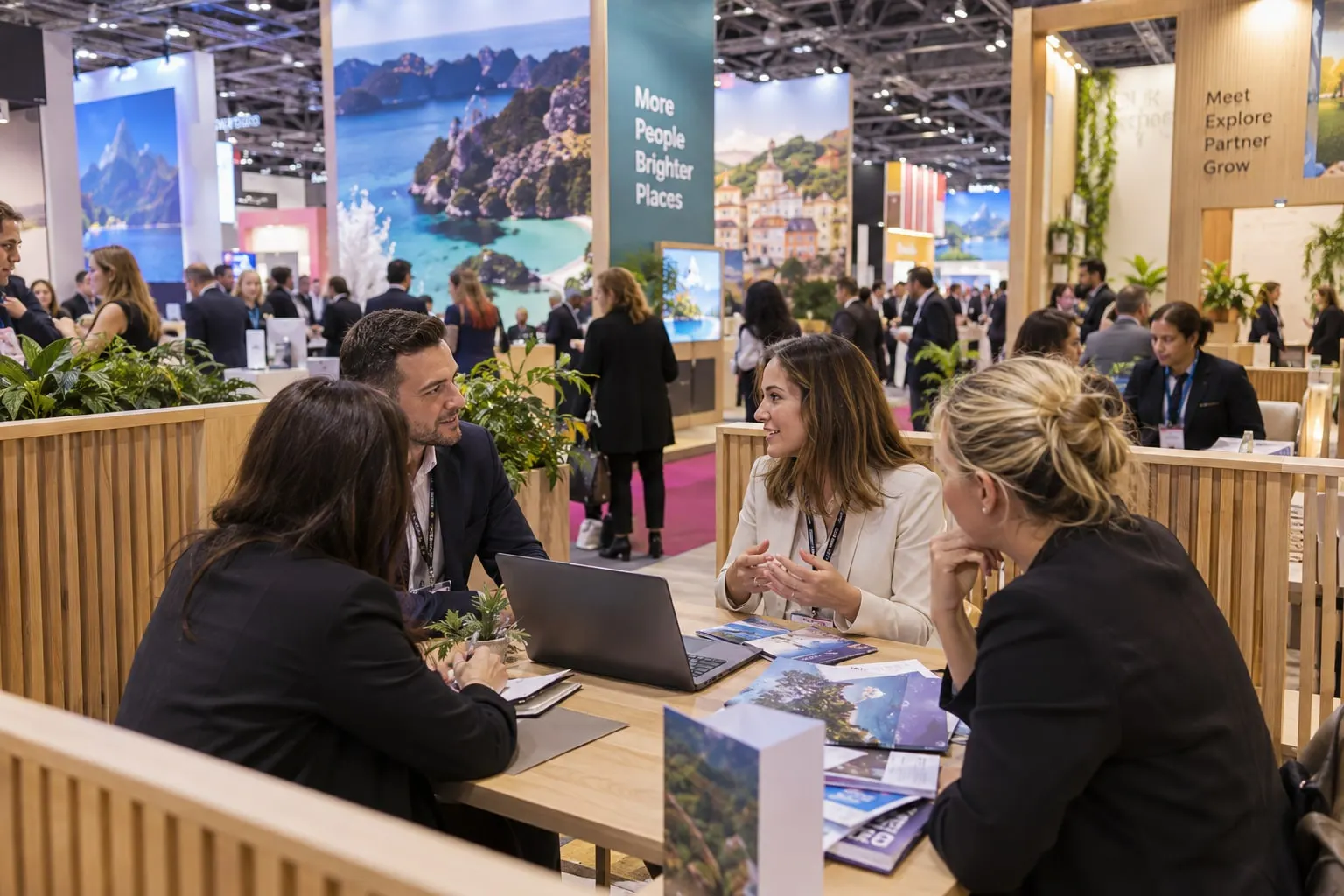 Illustrative travel-industry buyer meeting at a destination pavilion