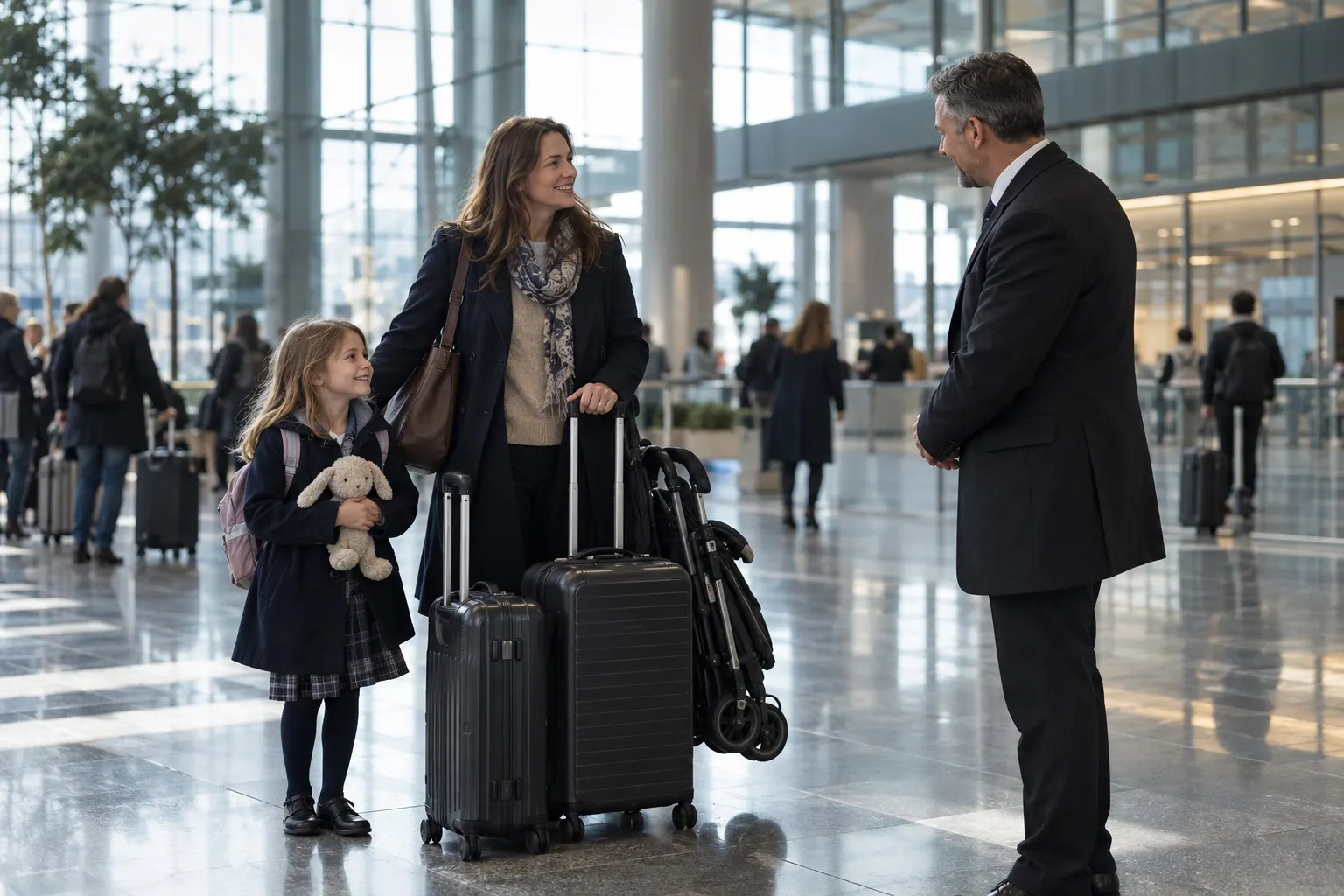 Illustration of an adult and child meeting a chauffeur with family luggage in a public arrivals hall