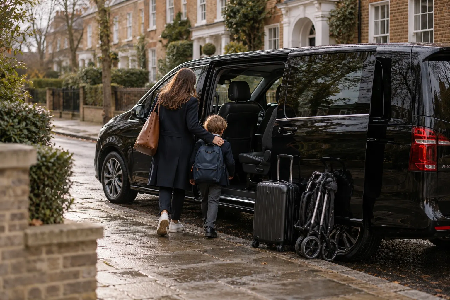 Illustration of an adult and child approaching a people carrier with a folded buggy and suitcase