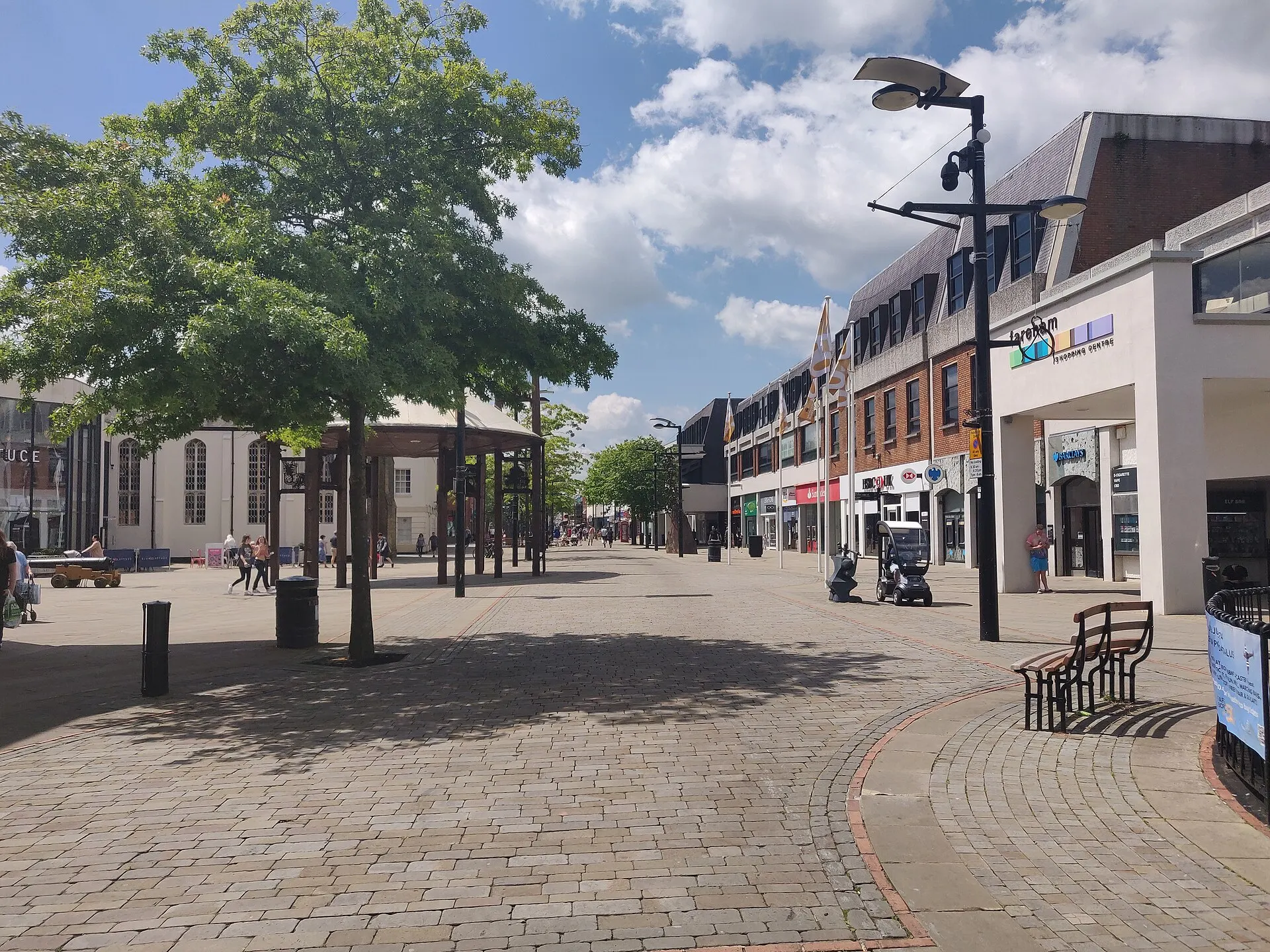 Pedestrian precinct along West Street in Fareham in June 2024