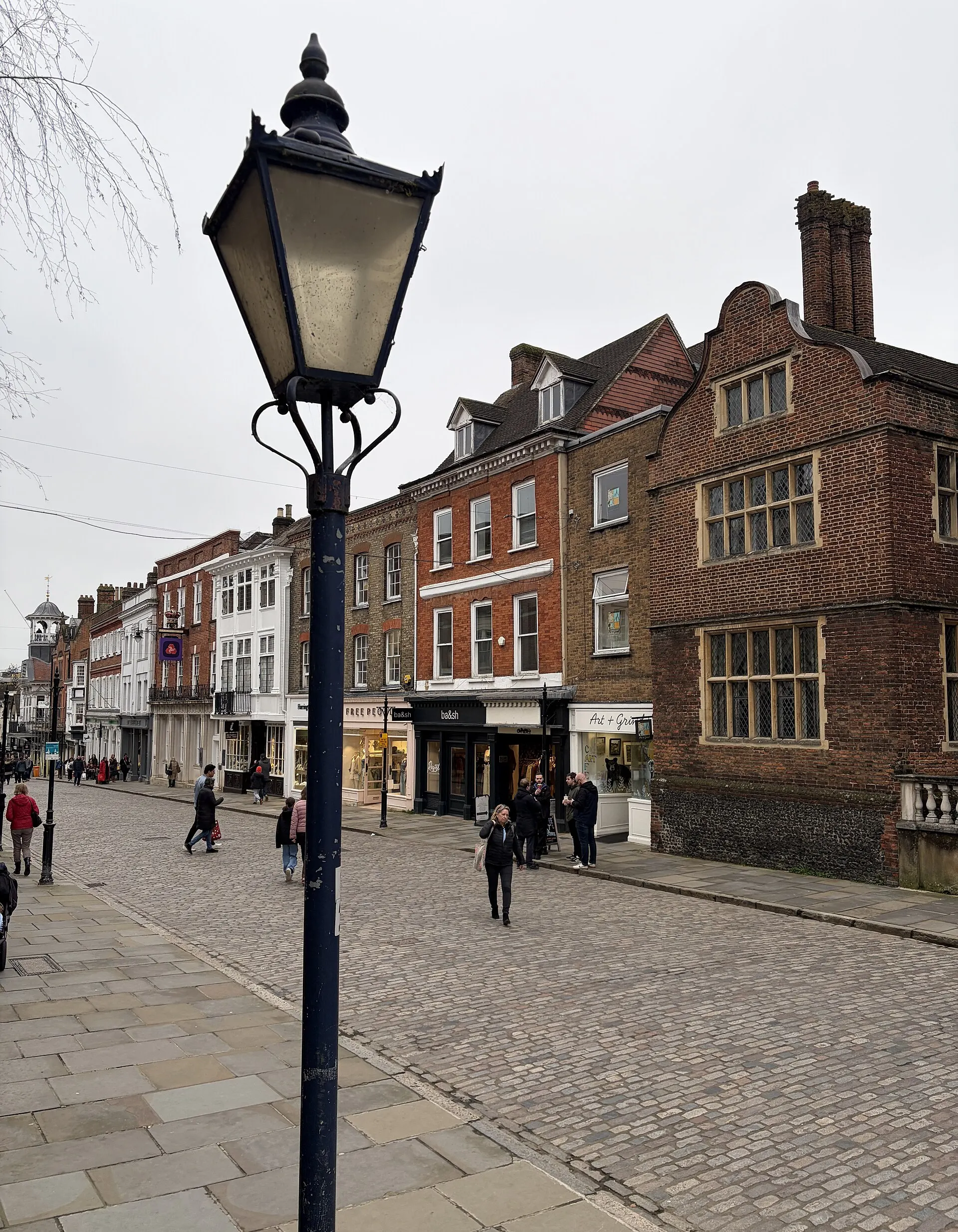 Shops and historic buildings at the top of Guildford High Street