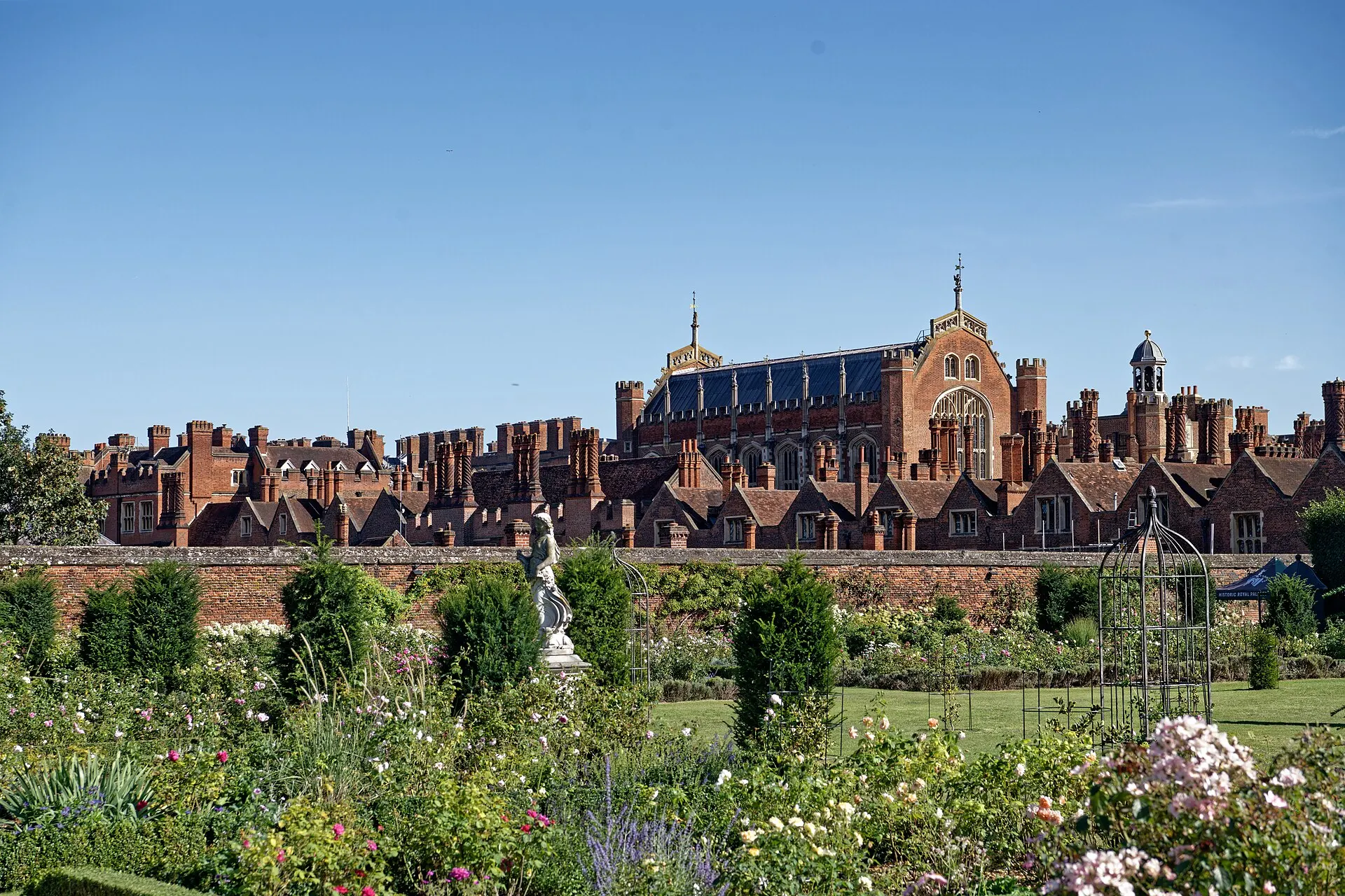 Hampton Court Palace viewed from the flower garden in August 2023