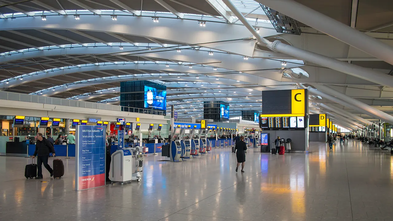 Public check-in hall inside Heathrow Airport Terminal 5