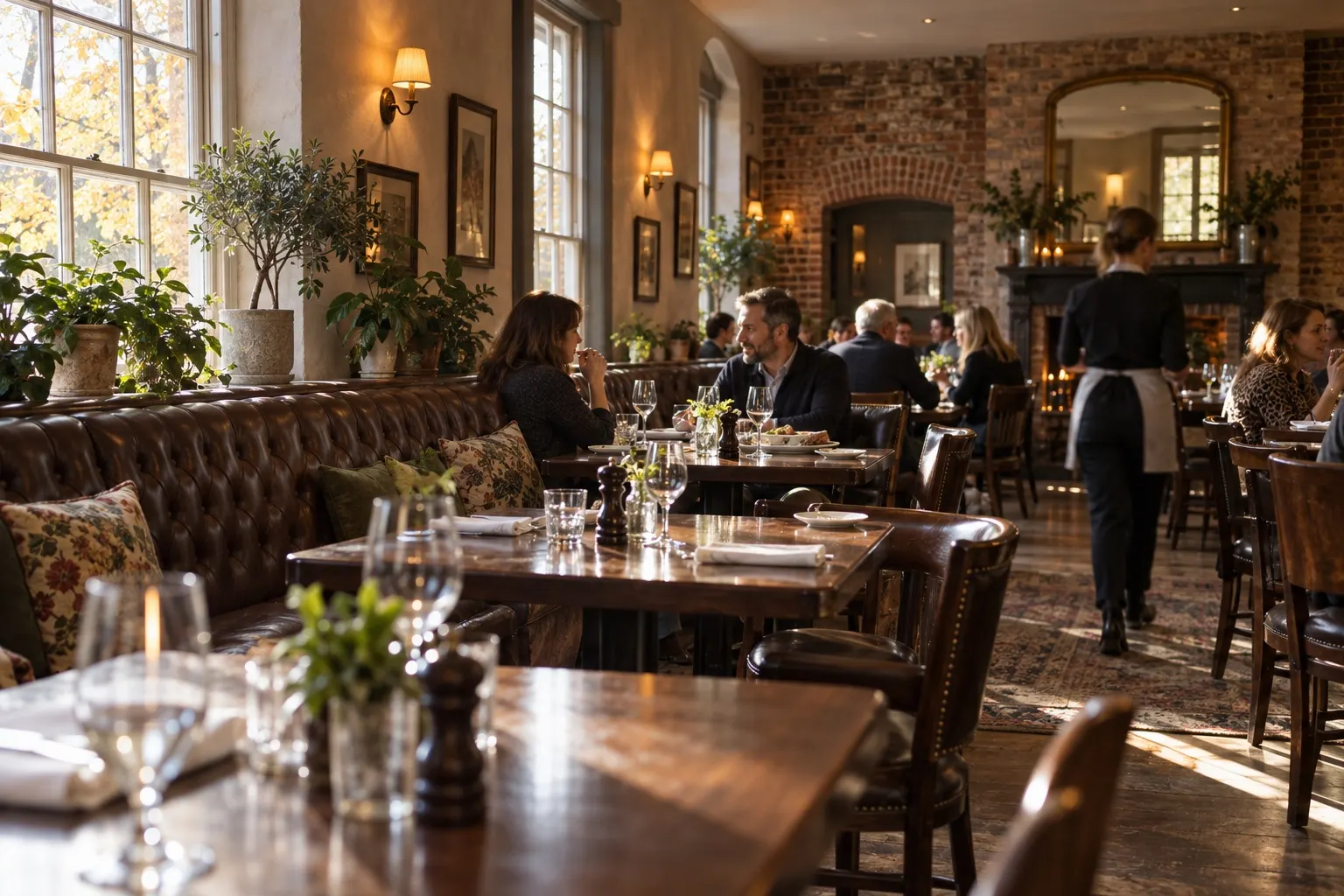Illustrative bistro interior with dark leather banquettes and warm daylight