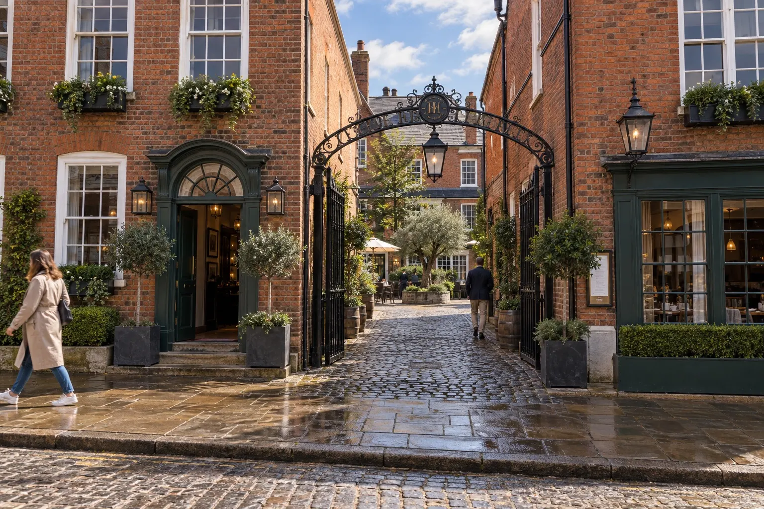 Illustrative view of Hotel du Vin Henley's red-brick Brewery entrance and cobbled approach