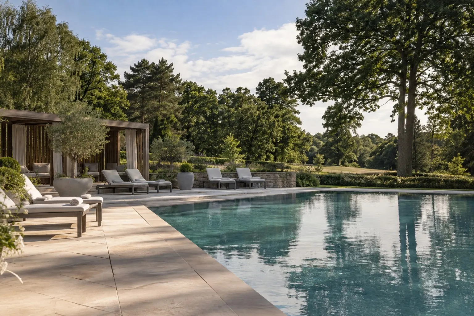 Illustrative outdoor spa terrace in Surrey parkland informed by Pennyhill Park's spa facilities
