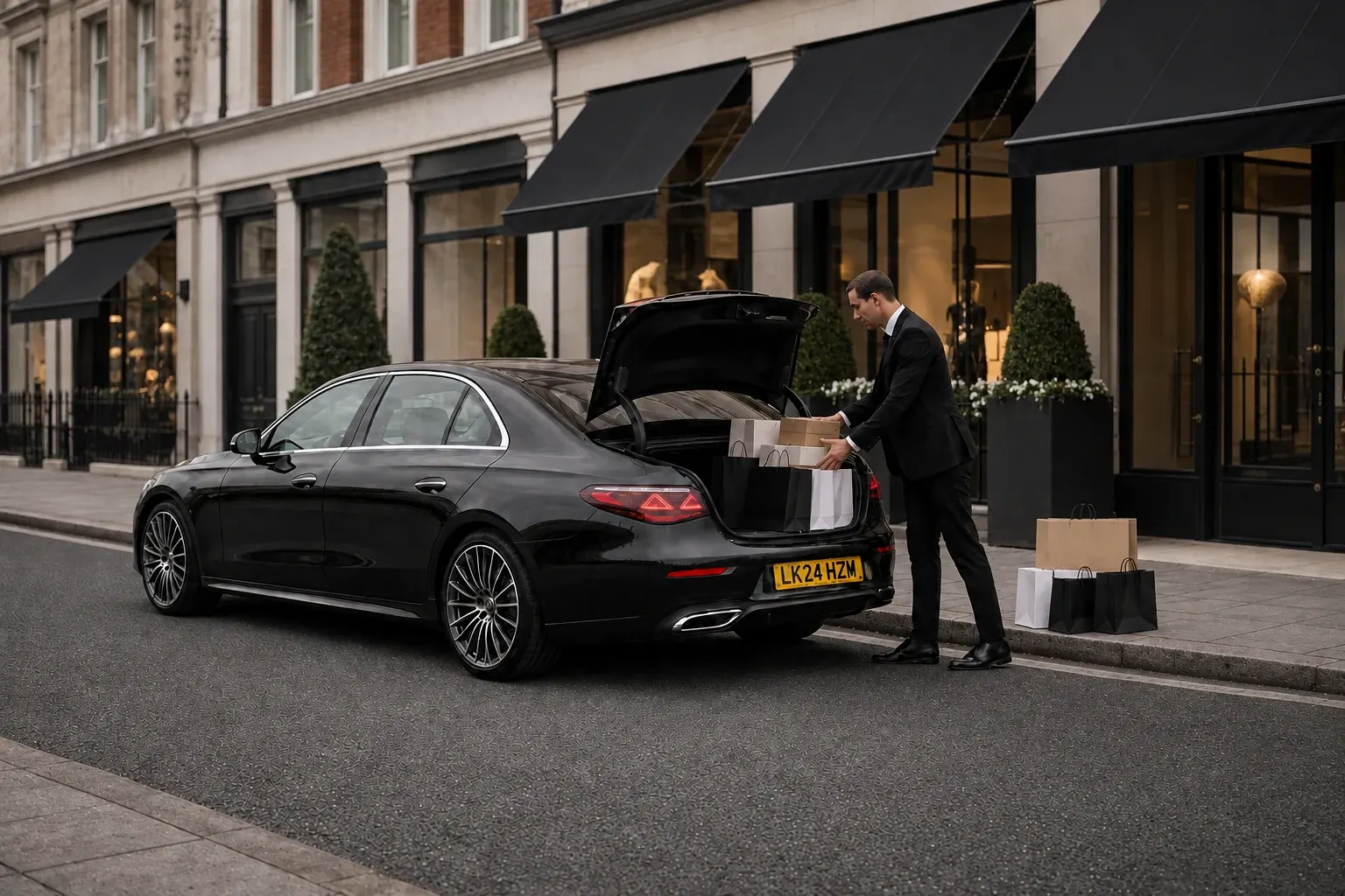 Illustrative chauffeur placing purchases in a saloon boot outside anonymous London-style shops