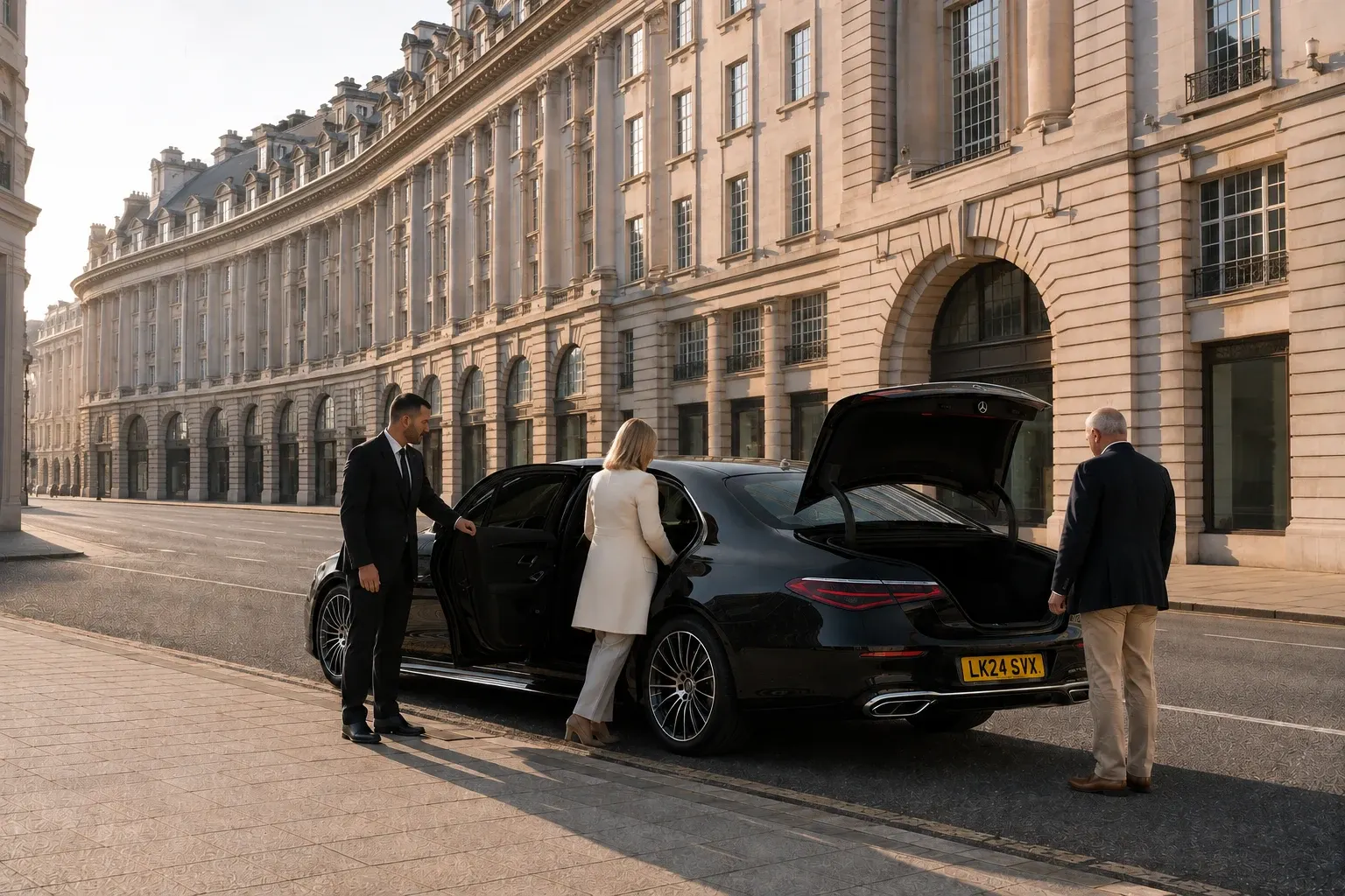 Illustrative London-style curved street with a chauffeur meeting passengers beside a black saloon