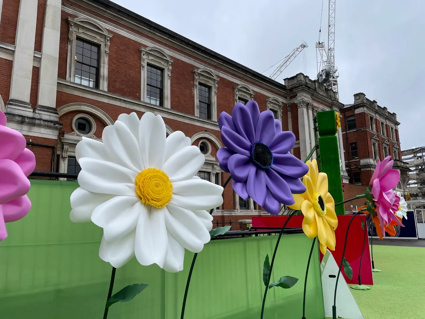 Olympia London building behind a public flower installation in 2023