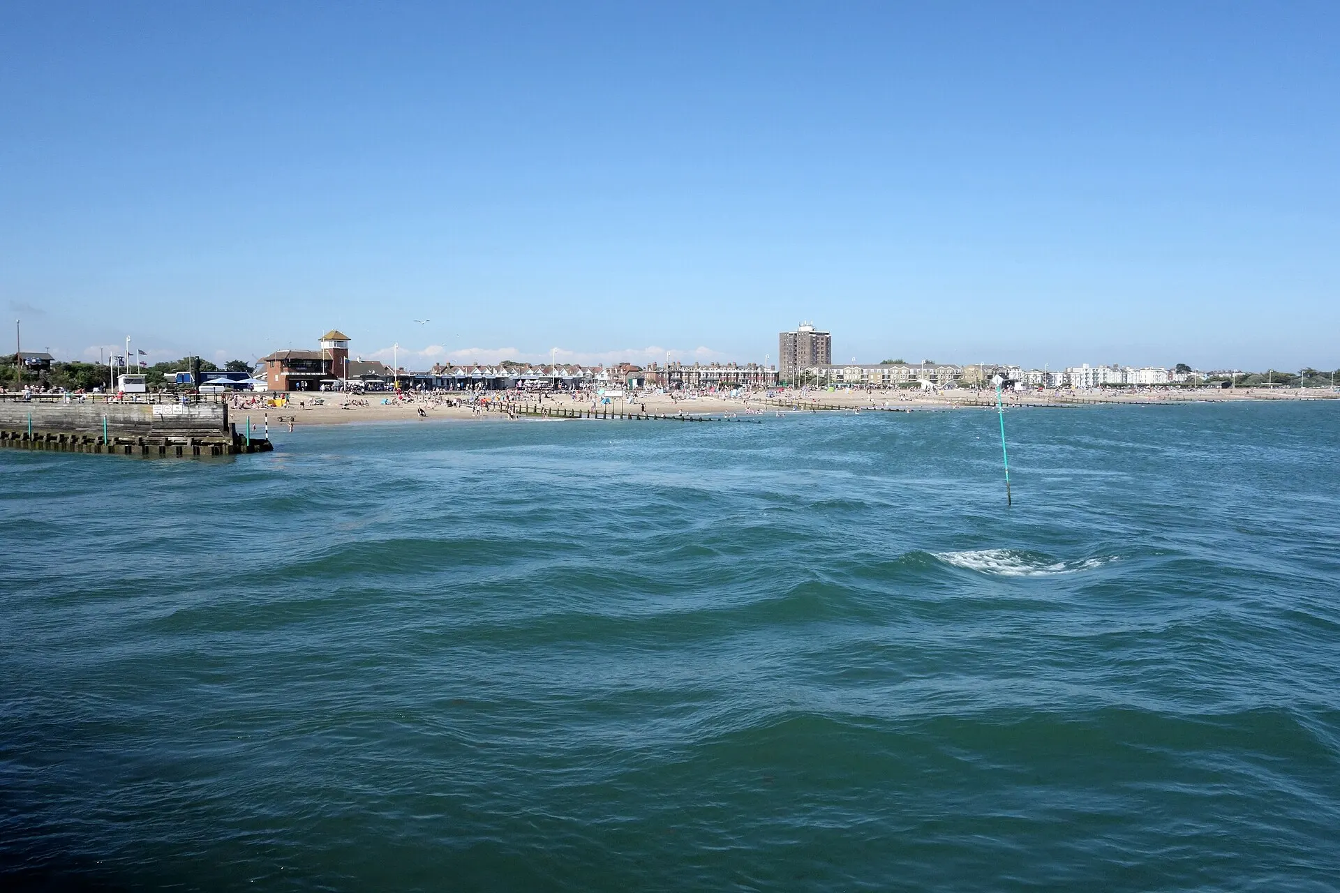 View across the water toward Littlehampton seafront in July 2016