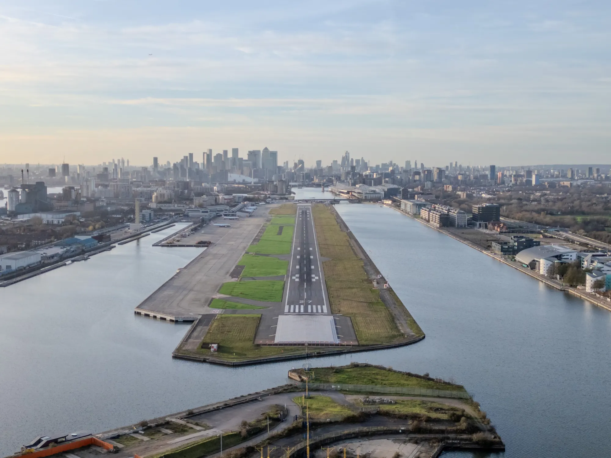 London City Airport runway between the Royal Docks photographed in December 2025