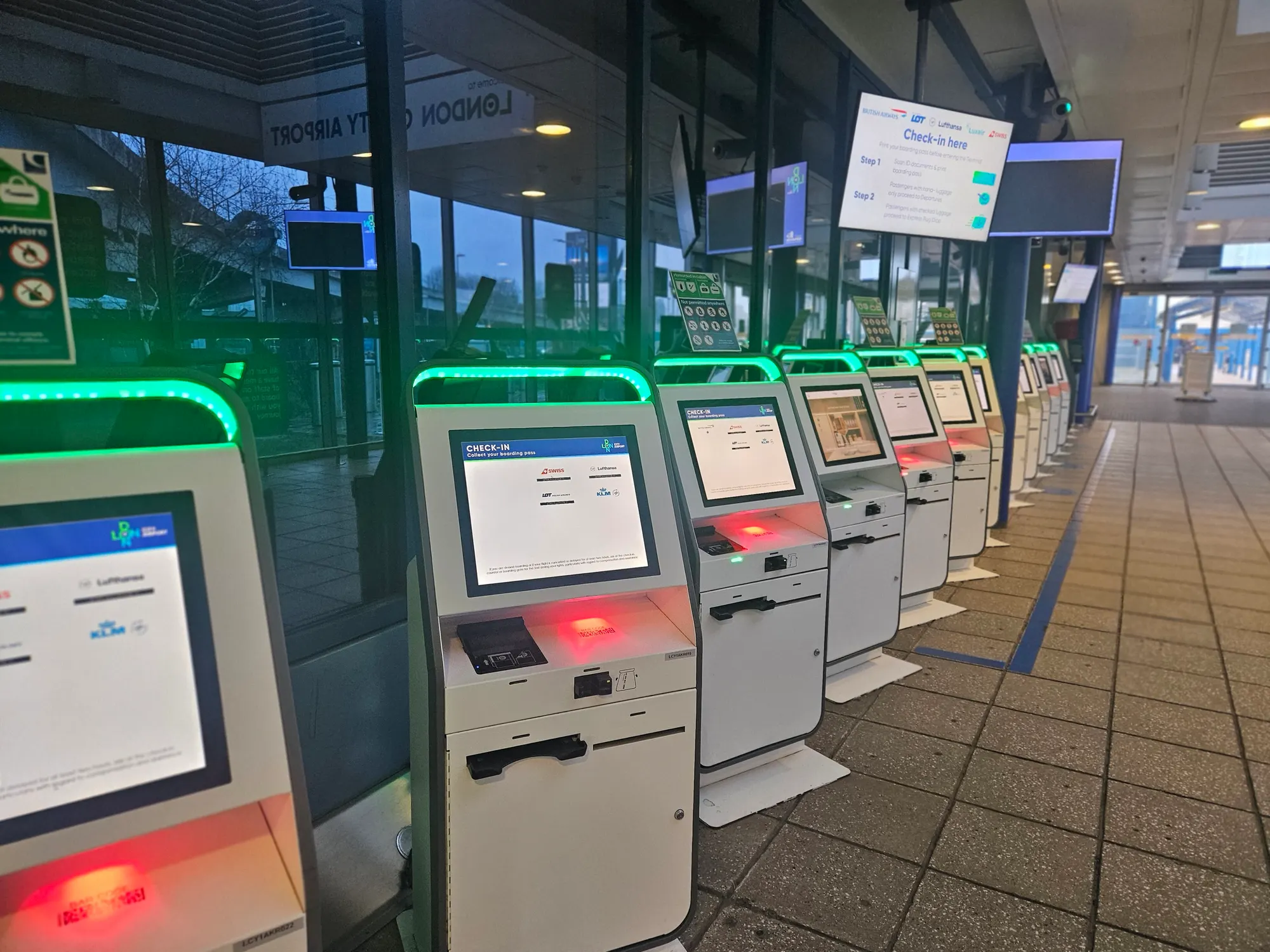 London City Airport check-in kiosks photographed in January 2025; signage and equipment may change