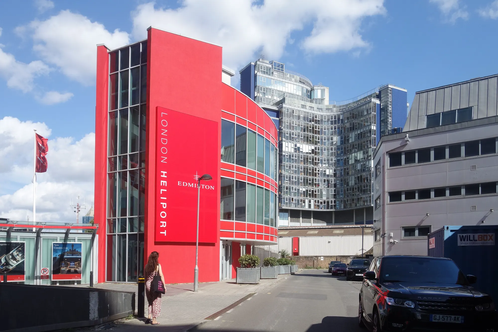 London Heliport building on Bridges Court Road photographed in August 2024; signage is not current vehicle guidance
