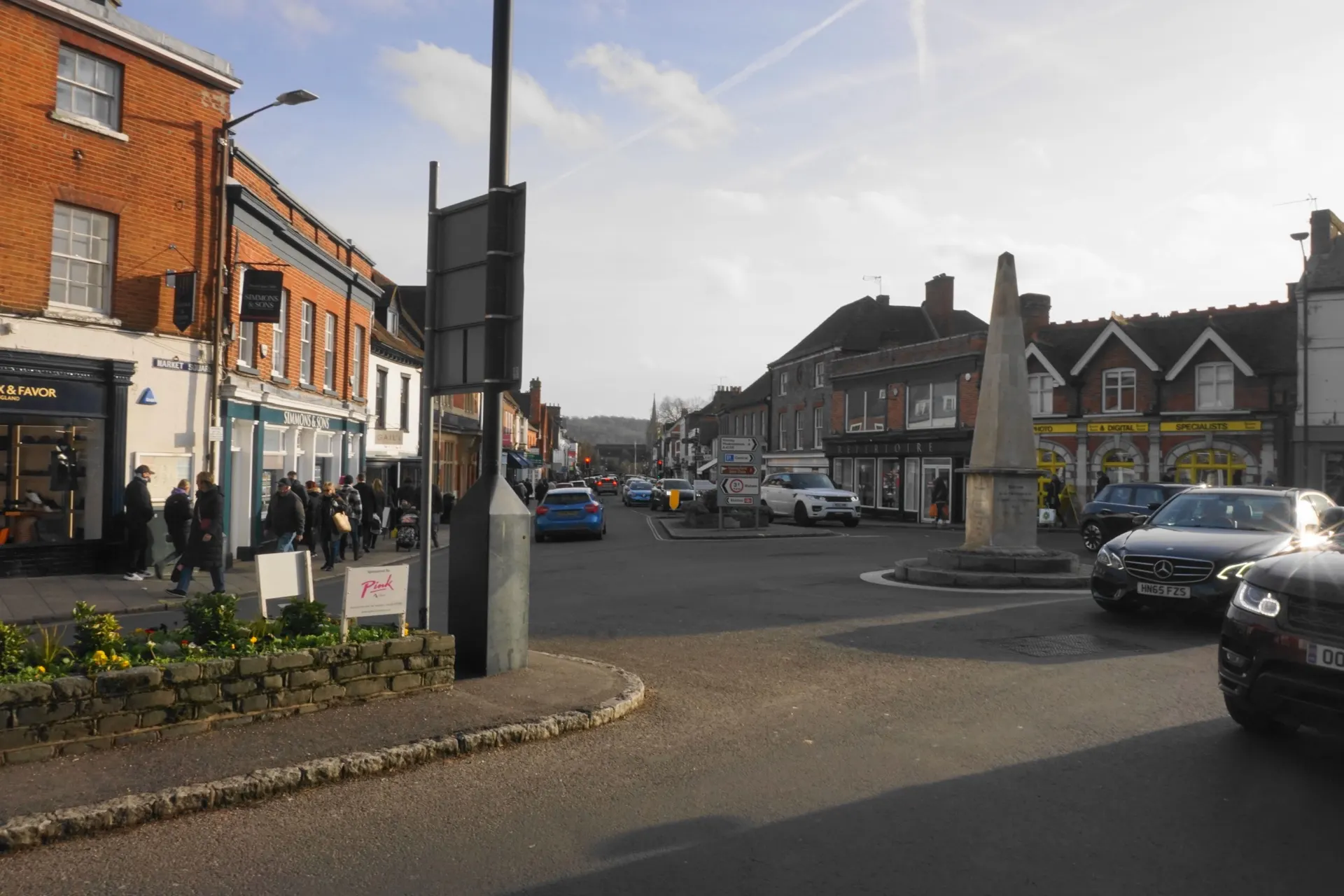 Marlow High Street and market obelisk in January 2024