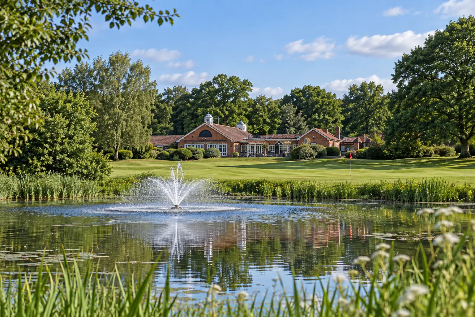 Illustrative view of the low red-brick clubhouse and pond at Mill Ride, grounded in club photographs