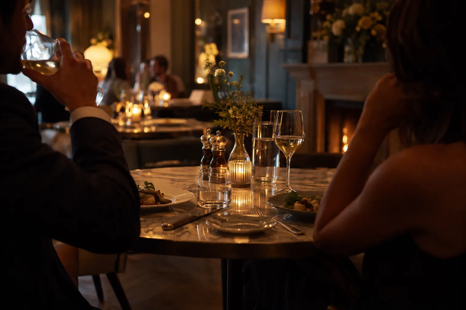 Illustrative couple sharing dinner at a candlelit restaurant table