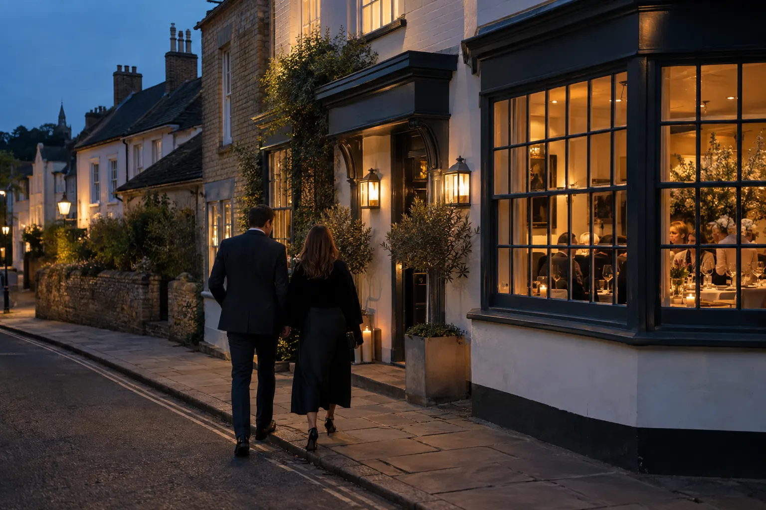 AI illustration of a fictional couple arriving for an anniversary dinner