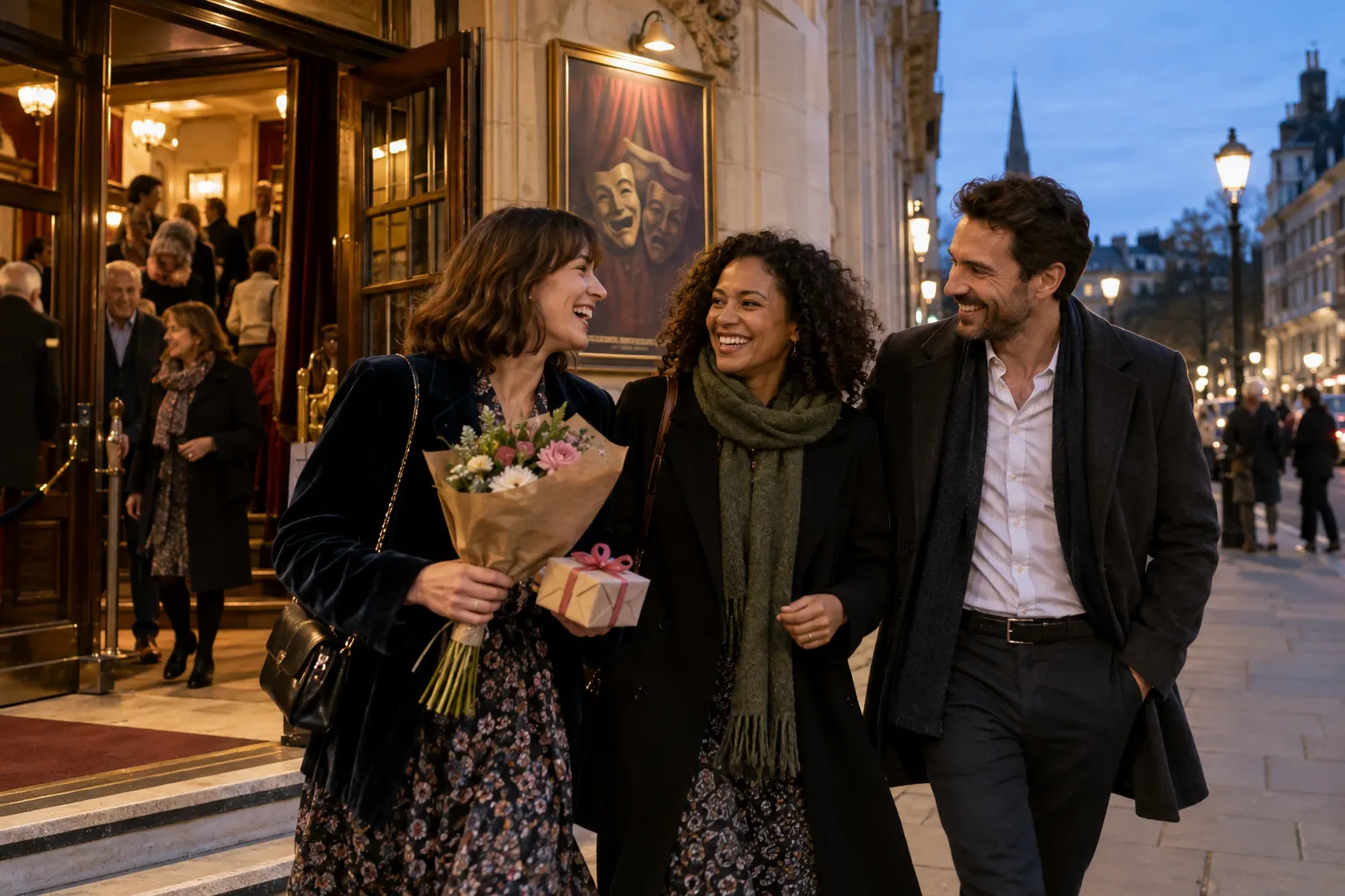 Illustrative friends leaving a theatre after a birthday outing