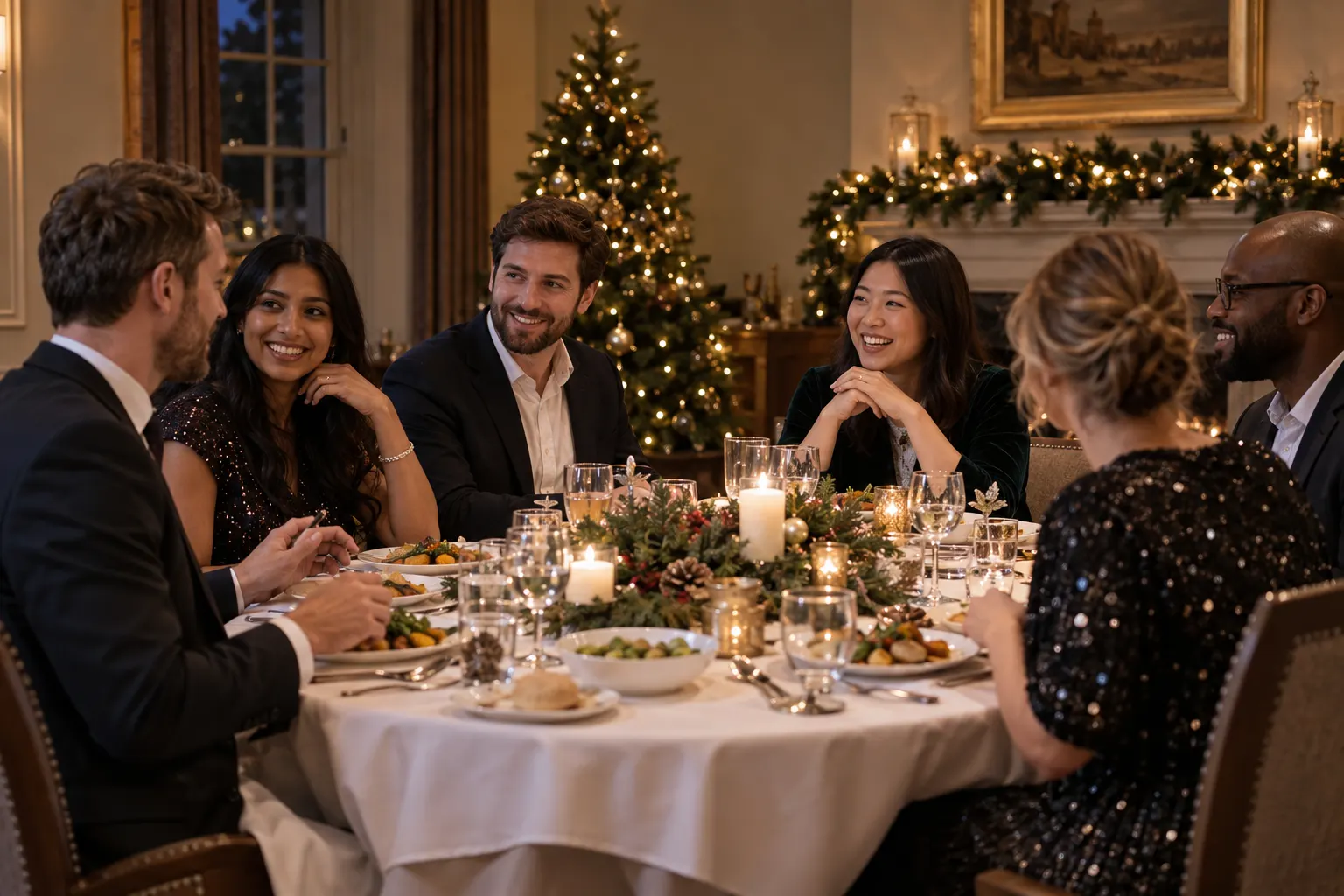 Illustrative colleagues sharing a Christmas party dinner in a fictional private dining room