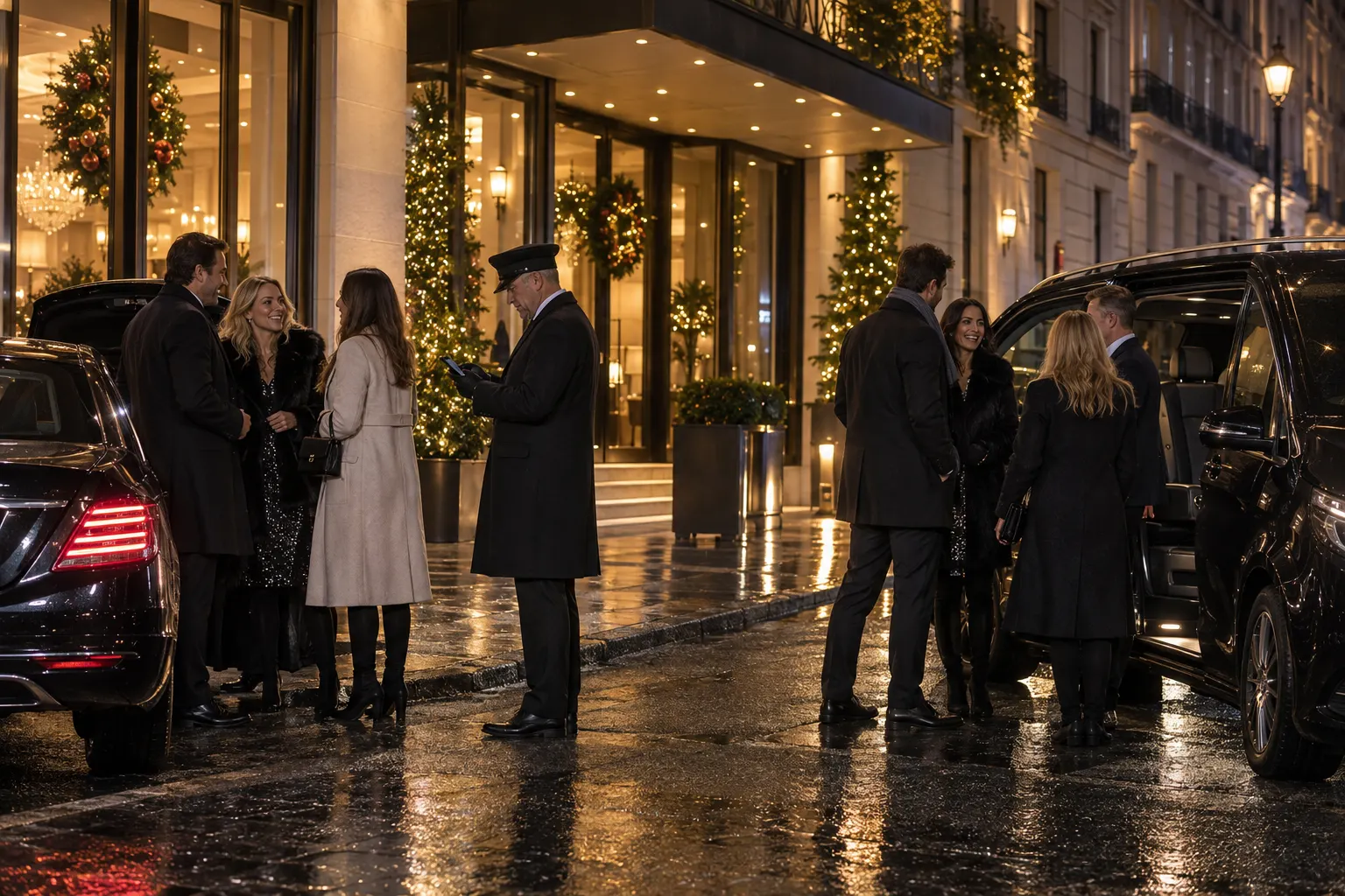 Illustrative party guests assigned to separate return cars outside a festive London-style venue
