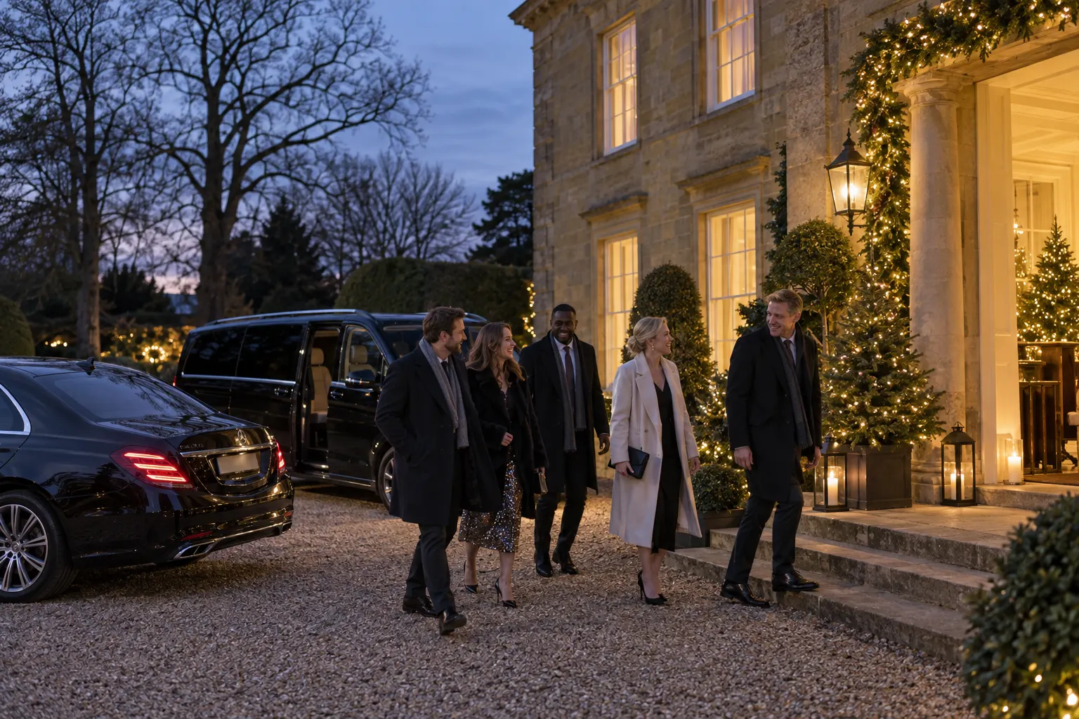 AI illustration of fictional guests arriving for a Christmas party