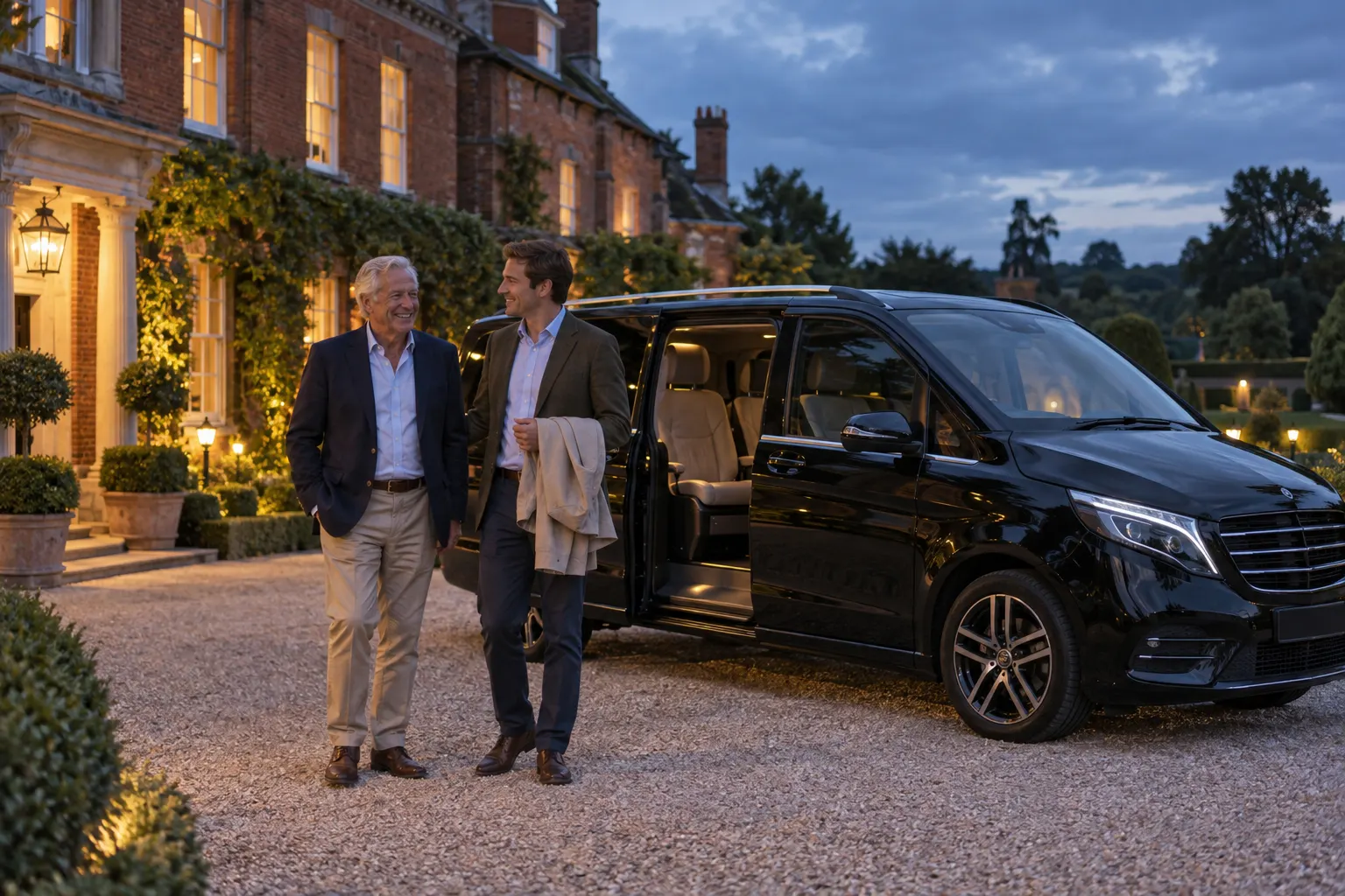 Illustrative father and adult son beside a people carrier at a country hotel after their day out