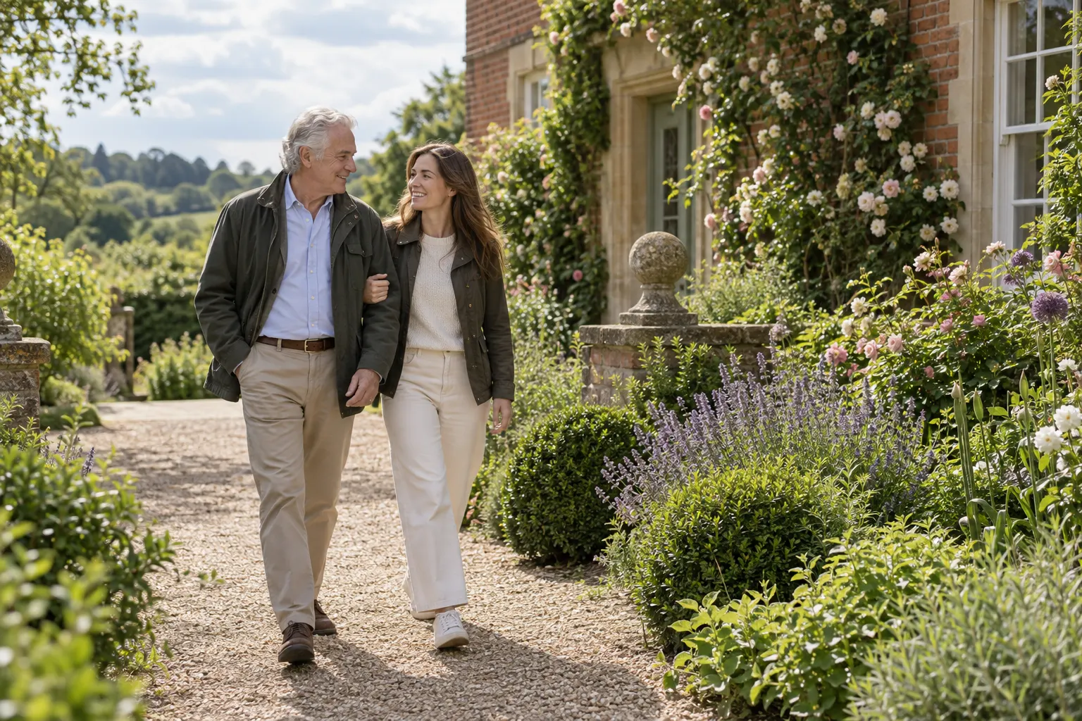Illustrative father and adult daughter walking in an English summer garden