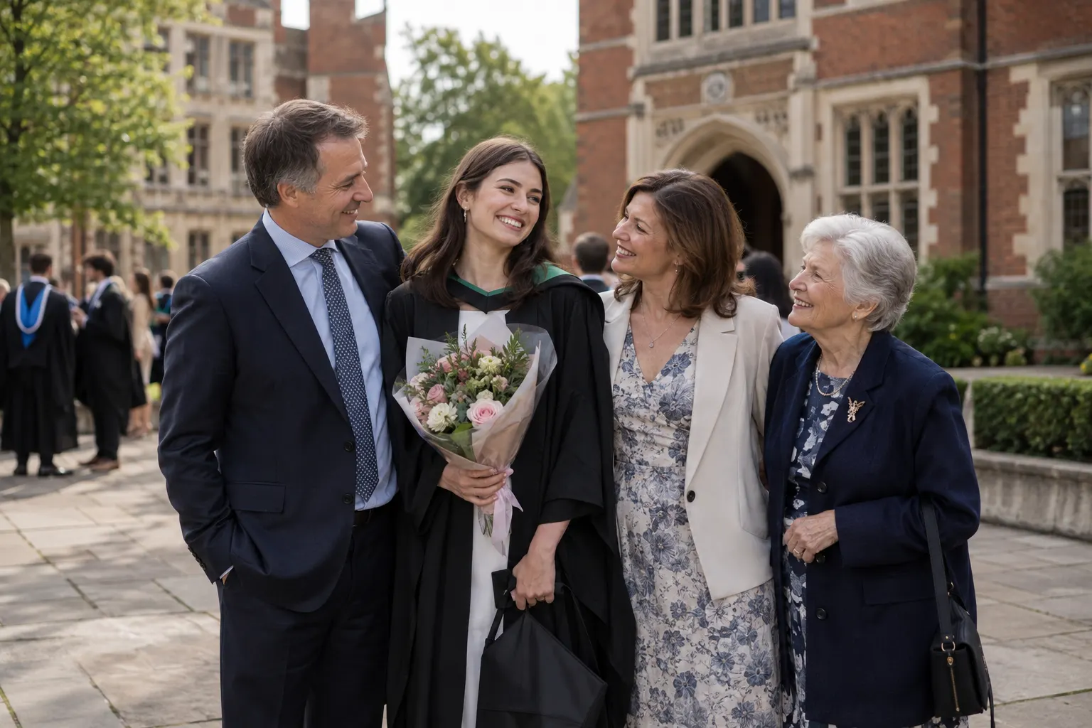 AI illustration of a fictional graduate with family on campus