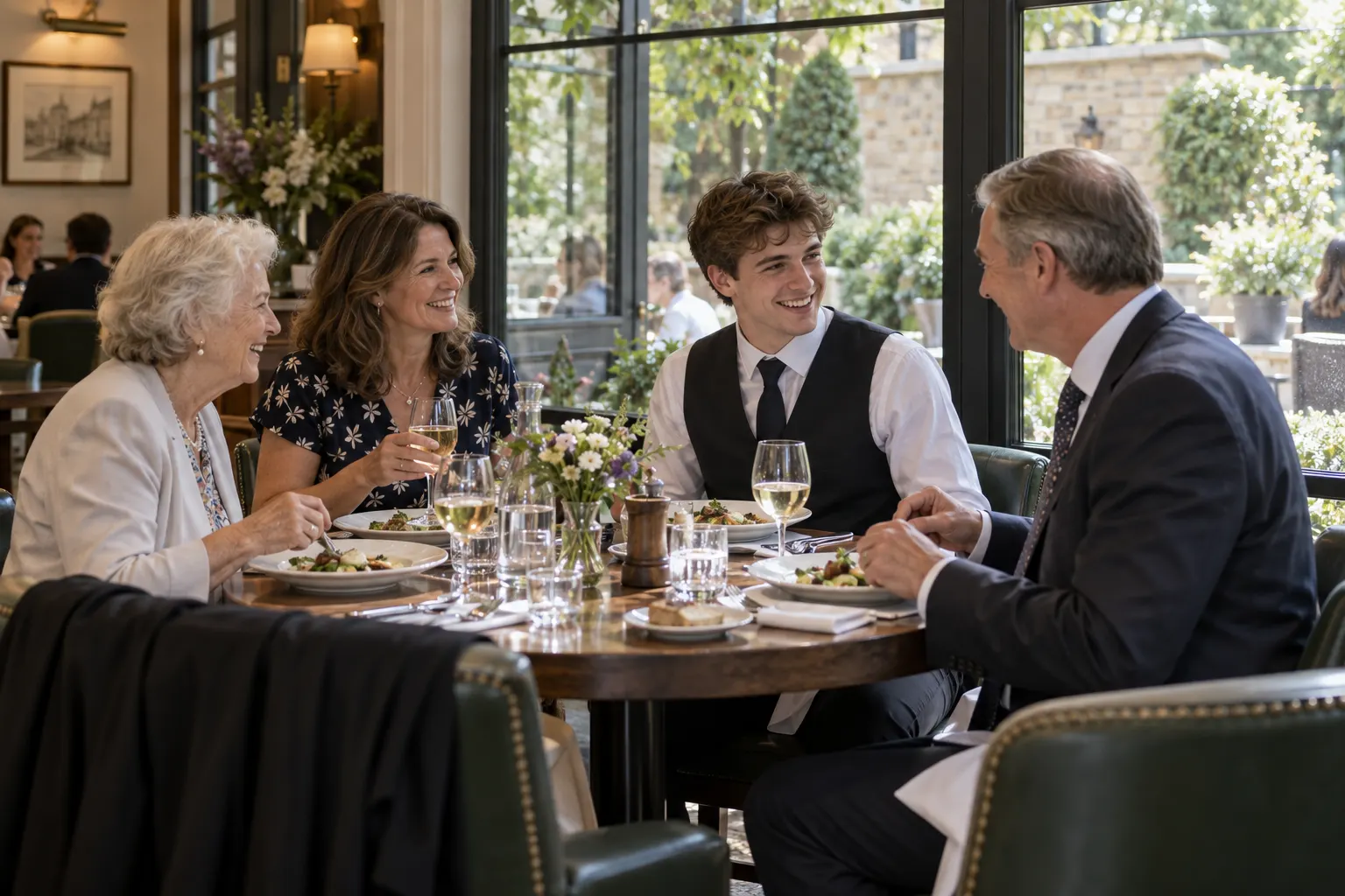 Illustrative graduate and family sharing lunch after a ceremony