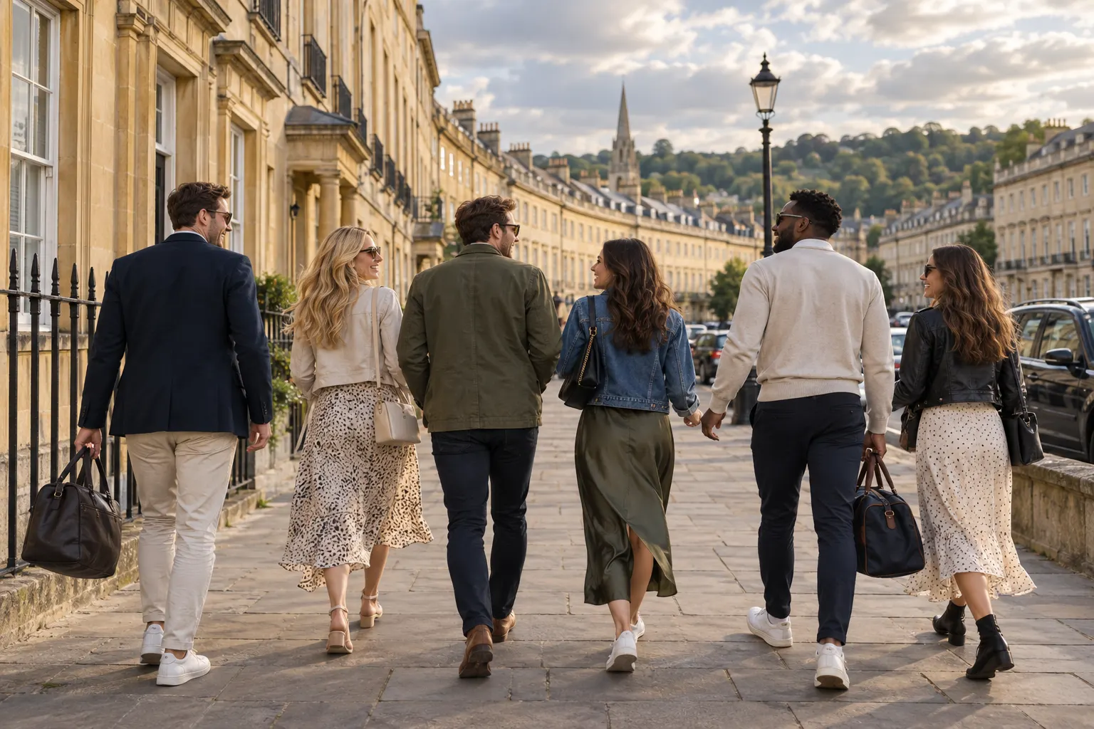 Illustrative group of friends walking together on a Georgian British street after a daytime activity