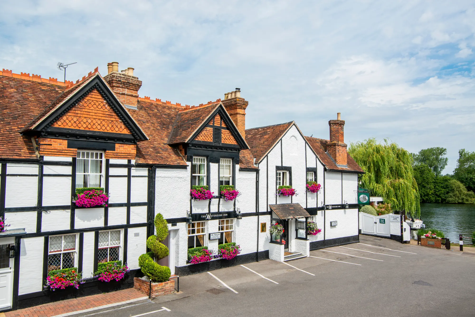 The Waterside Inn restaurant frontage beside the Thames in Bray