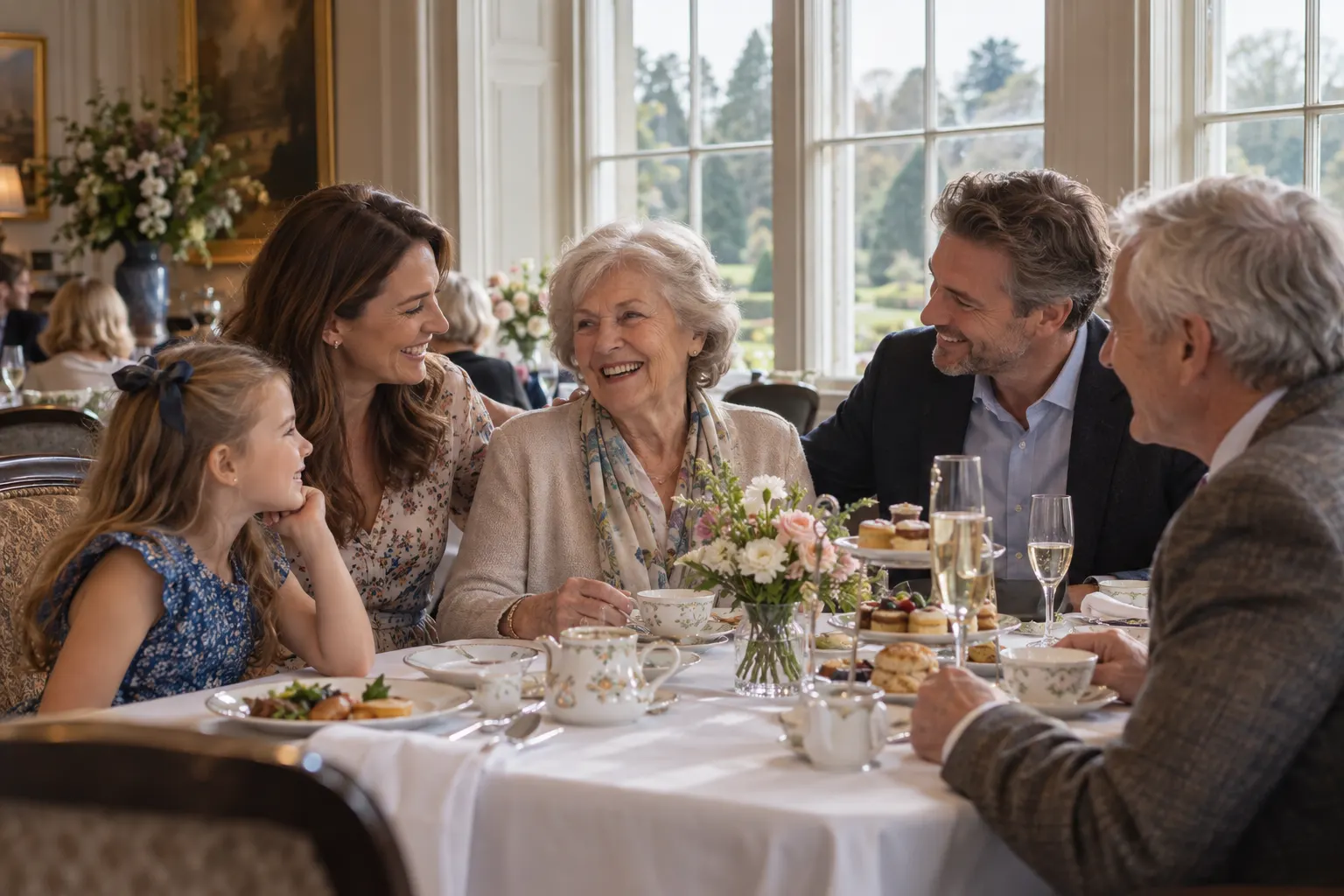 AI illustration of a fictional multigenerational Mother's Day lunch