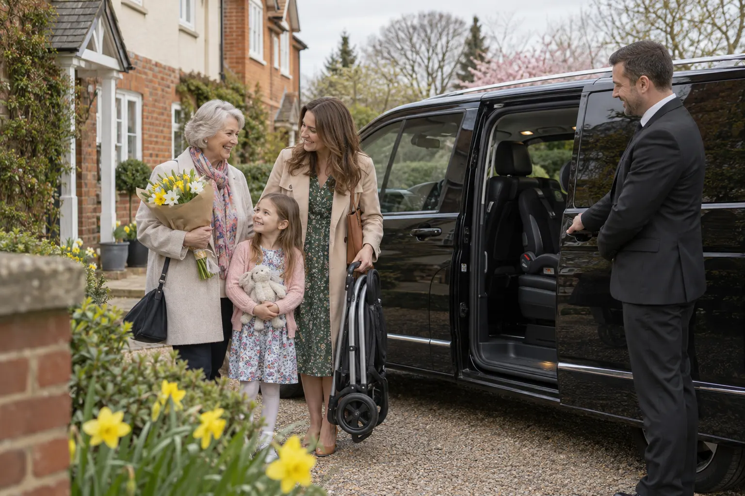 Illustrative family with flowers and a folded pushchair beside a people carrier on a private driveway