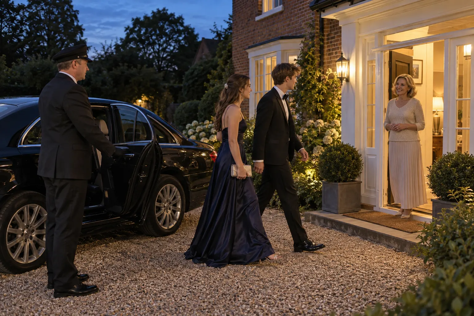 Illustrative prom guests returning to a waiting adult at a family home