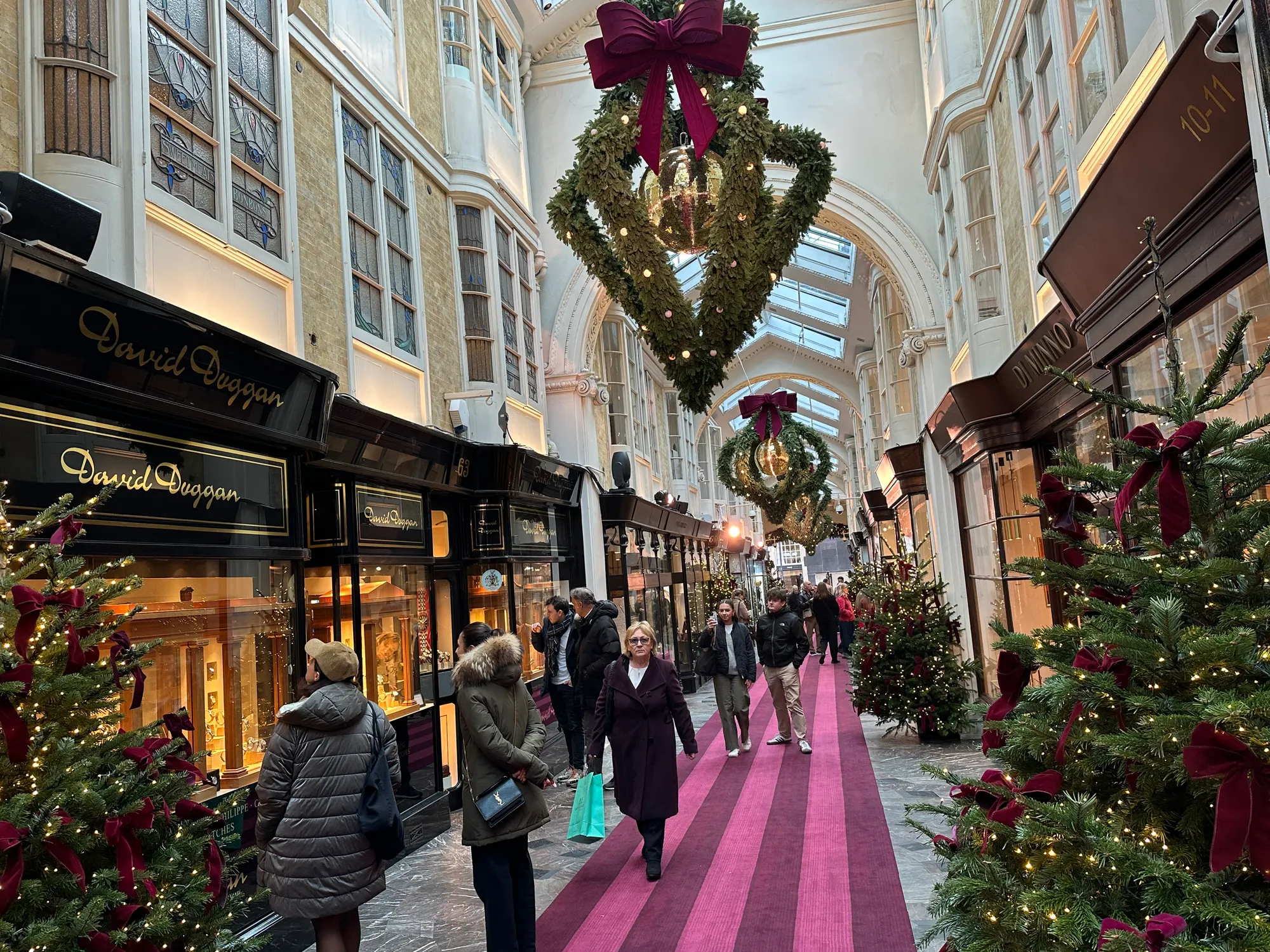 Seasonal decorations and shops inside Burlington Arcade in Mayfair