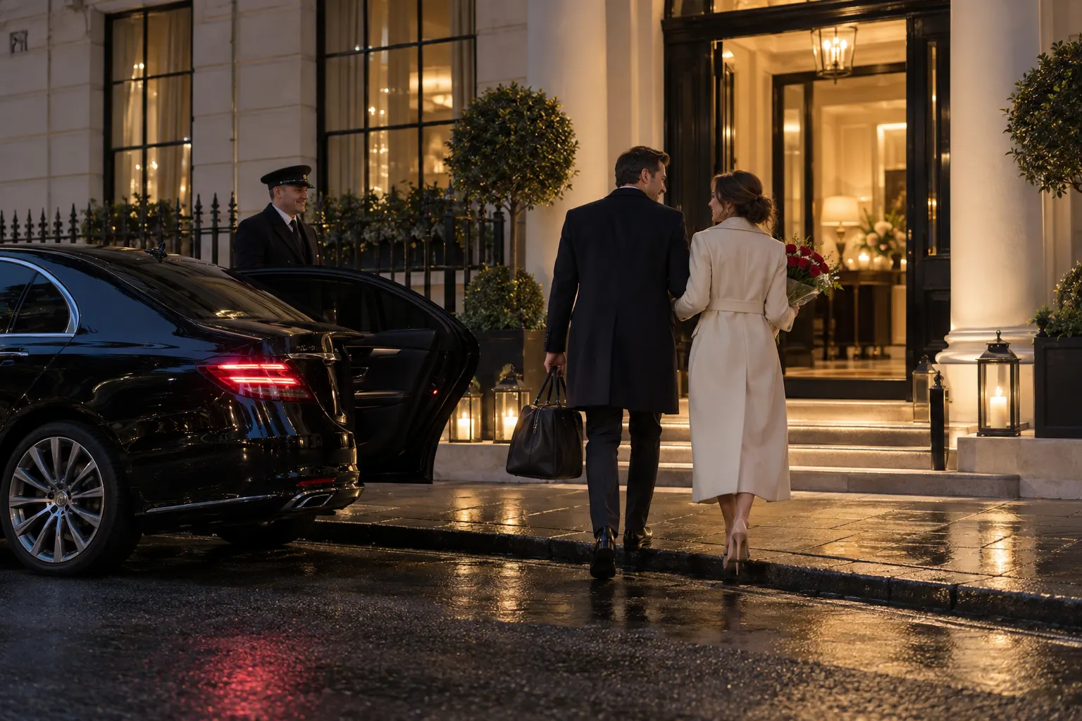 Illustrative couple arriving at a London-style hotel after Valentine’s dinner
