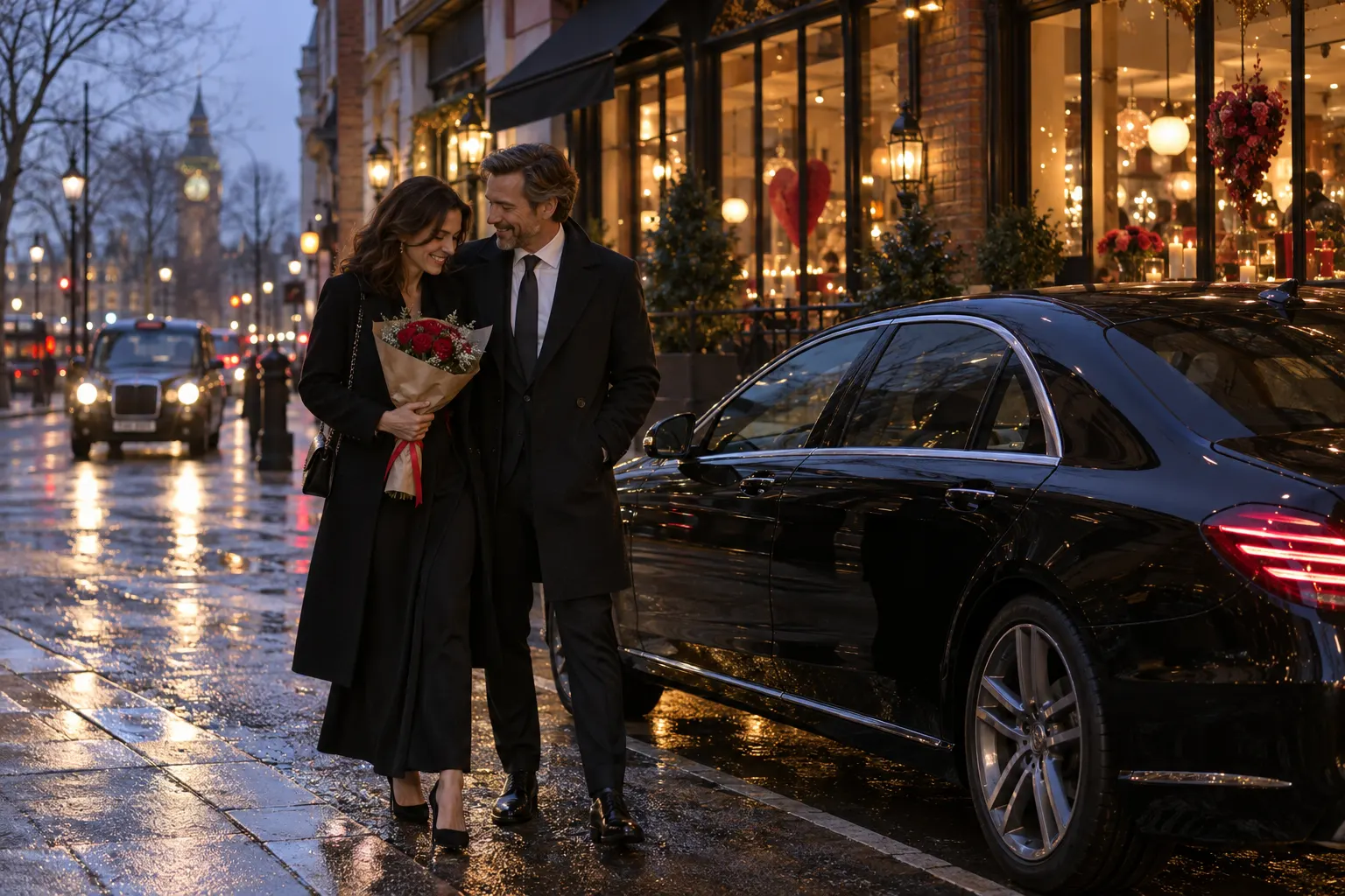 Illustrative couple arriving for a Valentine’s dinner by executive saloon on a London-style street