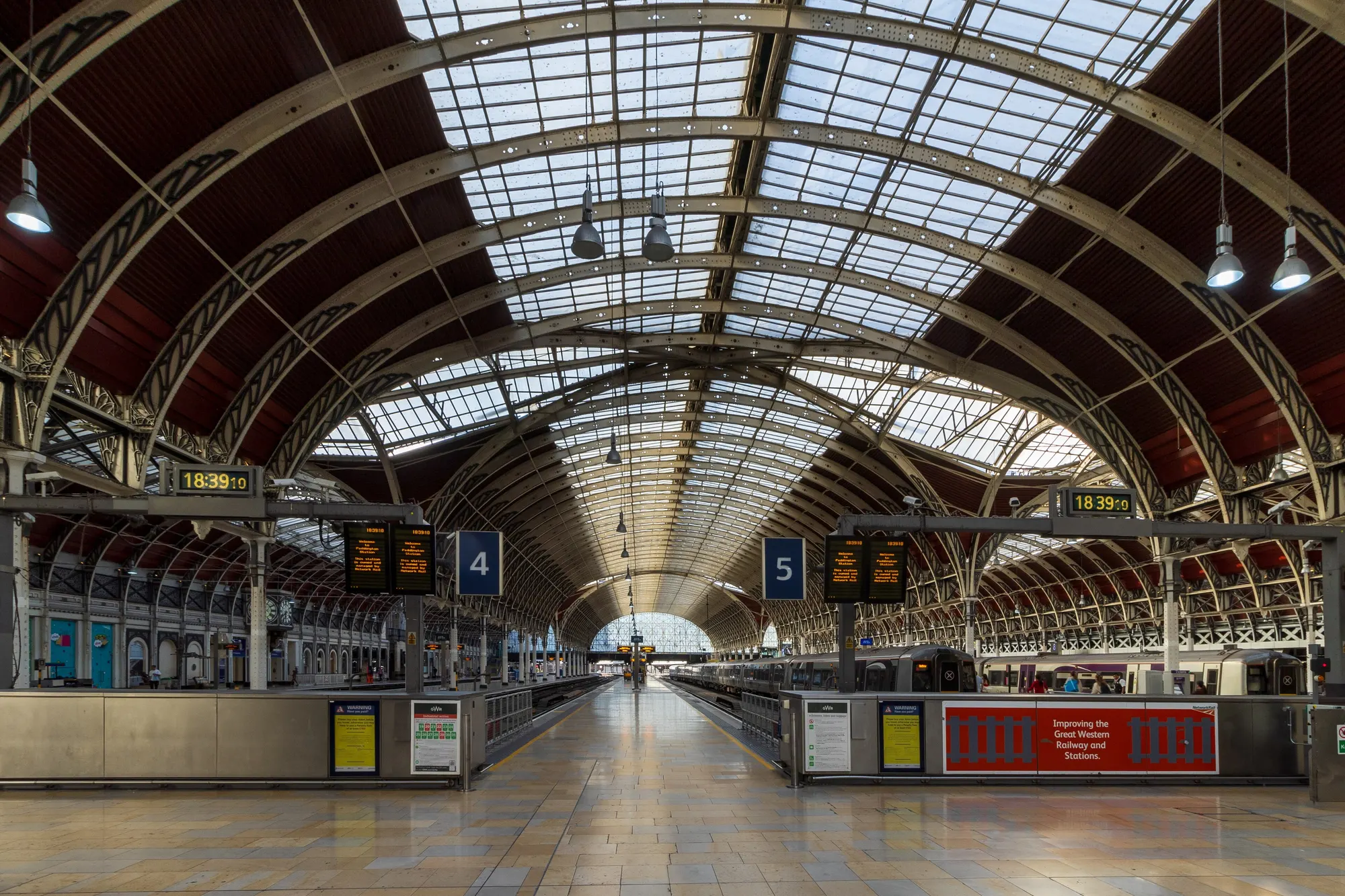 London Paddington's arched train shed and platforms in July 2023