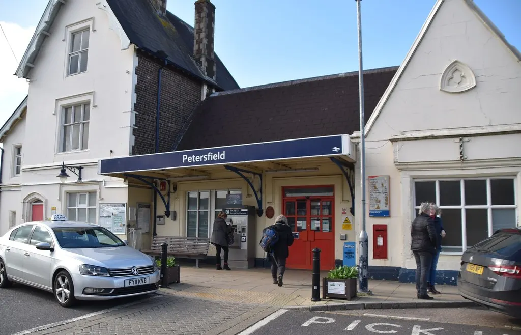 Frontage of Petersfield railway station in March 2019