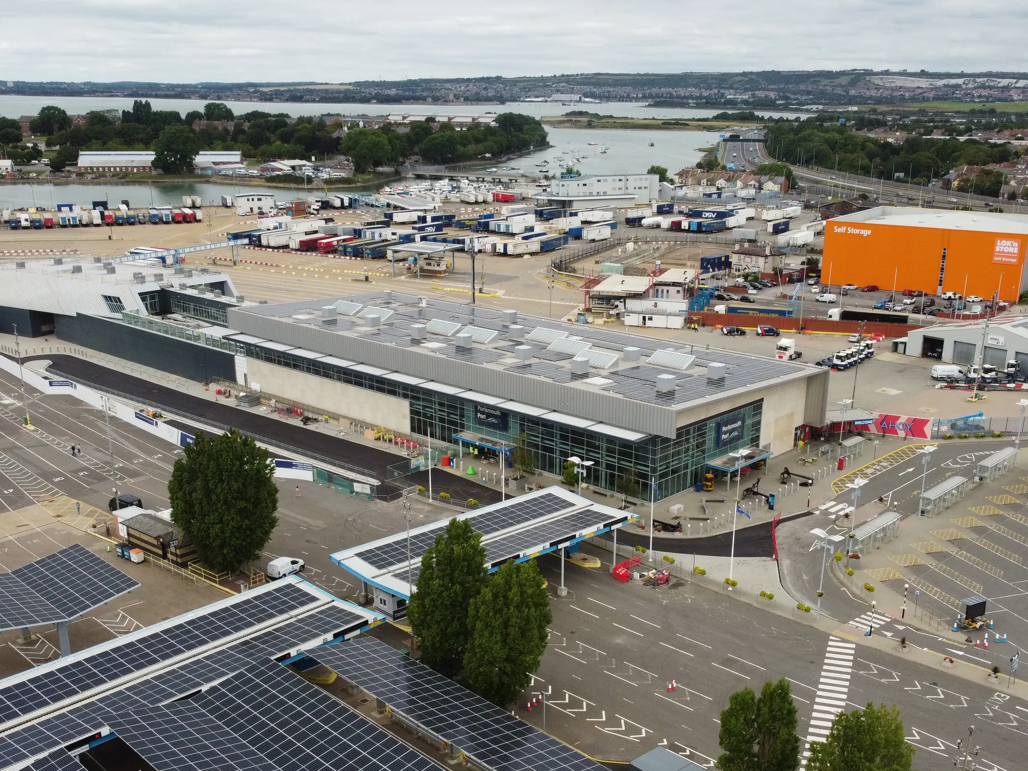 Portsmouth International Port passenger terminal and vehicle lanes in August 2023