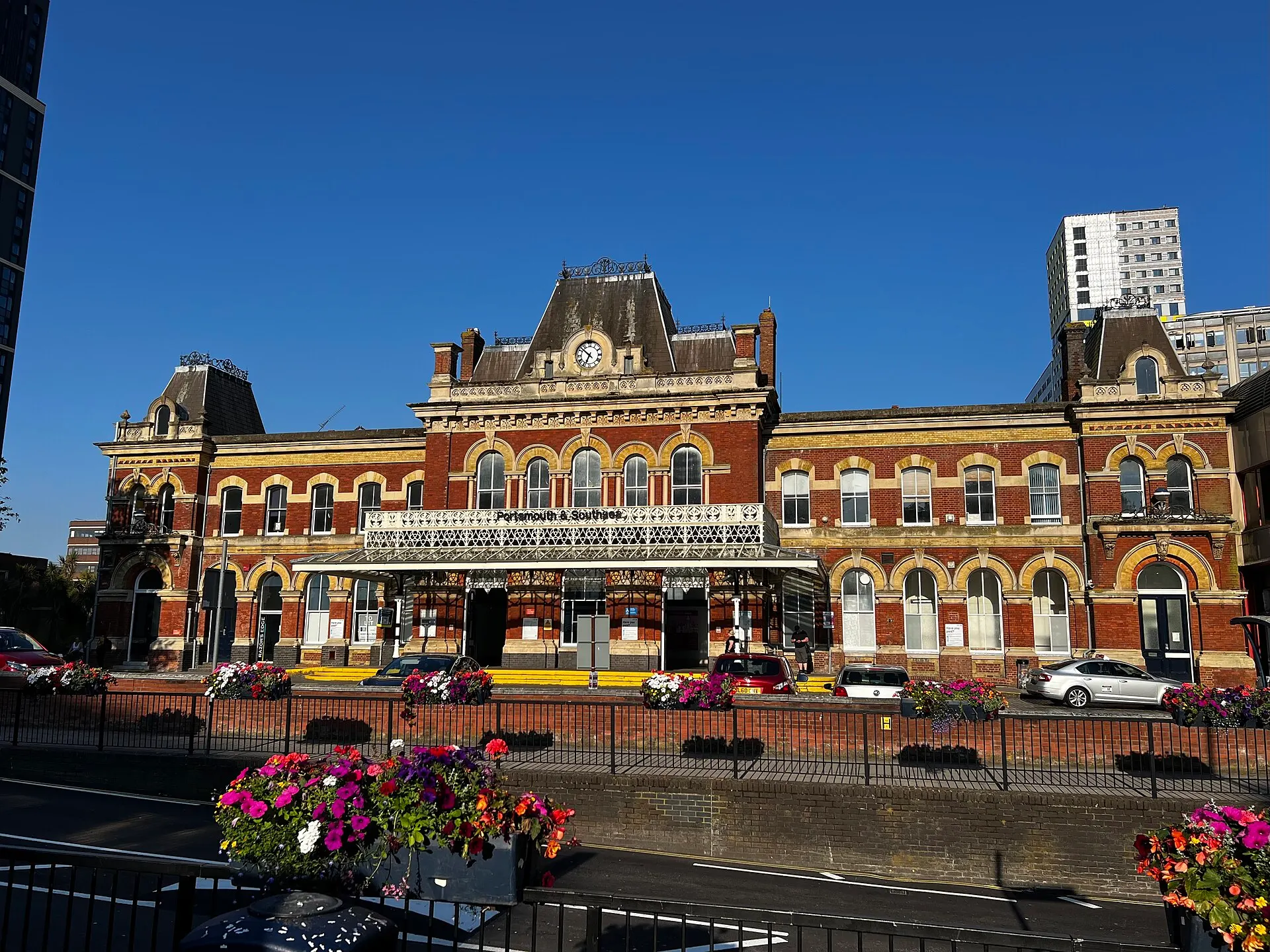Portsmouth and Southsea railway station facade in June 2024