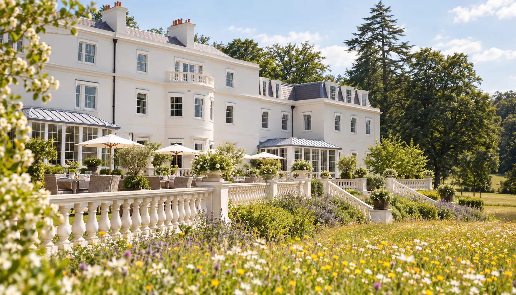 The country house and terrace at Coworth Park amid its landscaped grounds