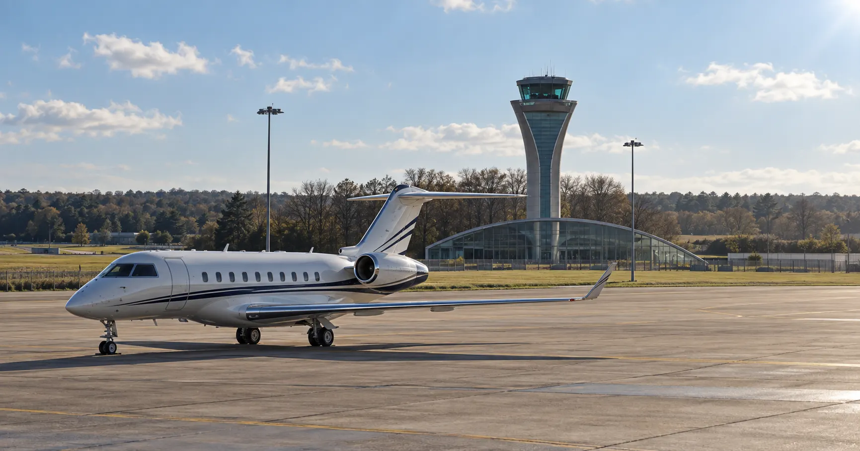 Illustrative Farnborough Airport business-aviation apron and control tower; AI-generated, not a documentary photograph