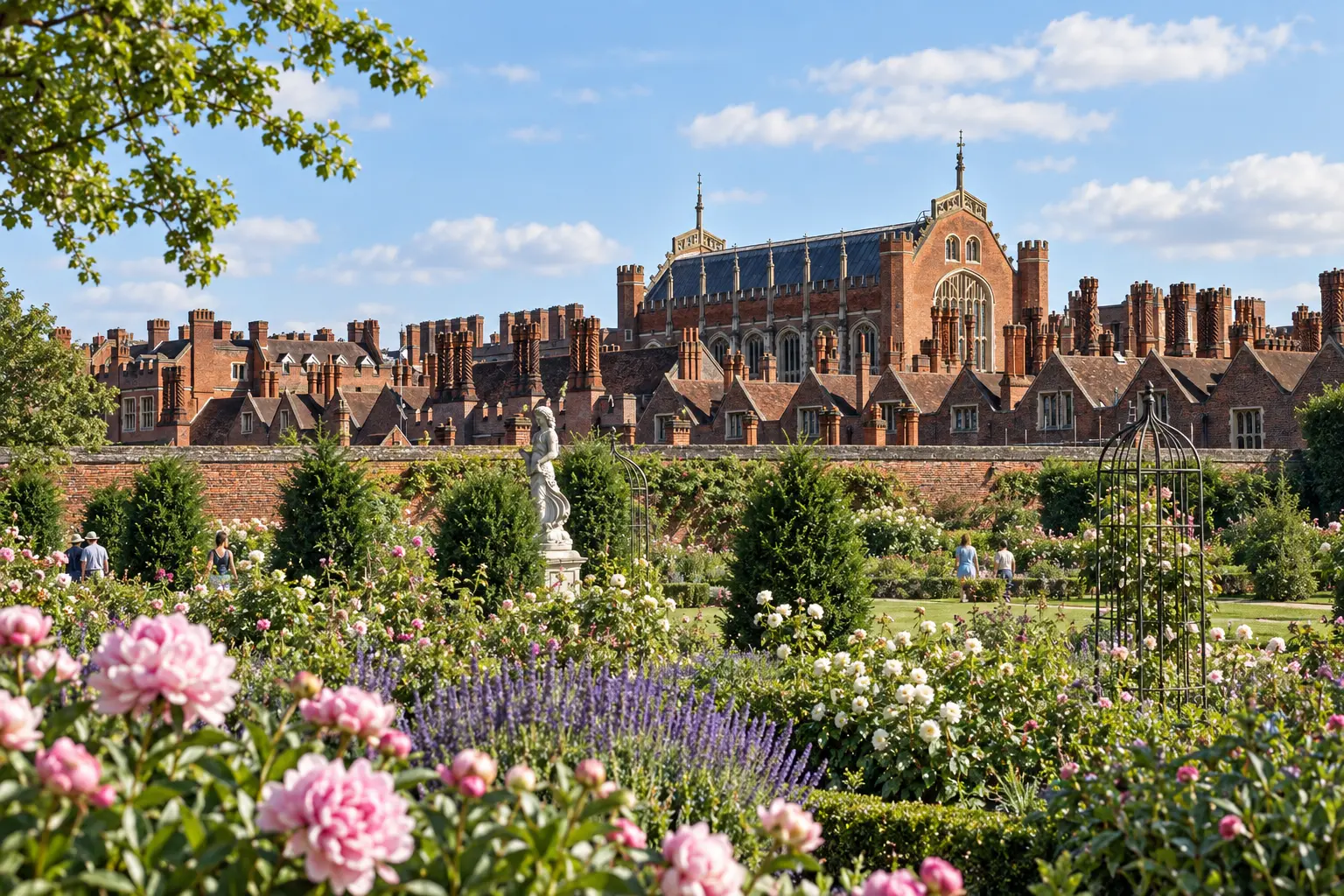 Illustrative view of Hampton Court Palace beyond its flower garden in bright daylight