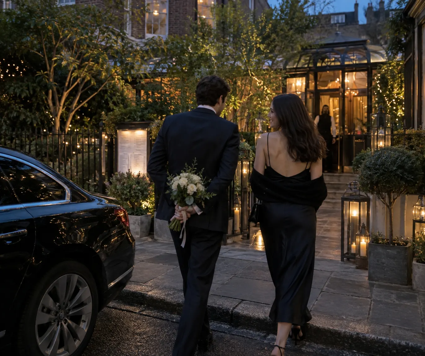 Illustrative couple arriving discreetly at a restaurant for a special evening